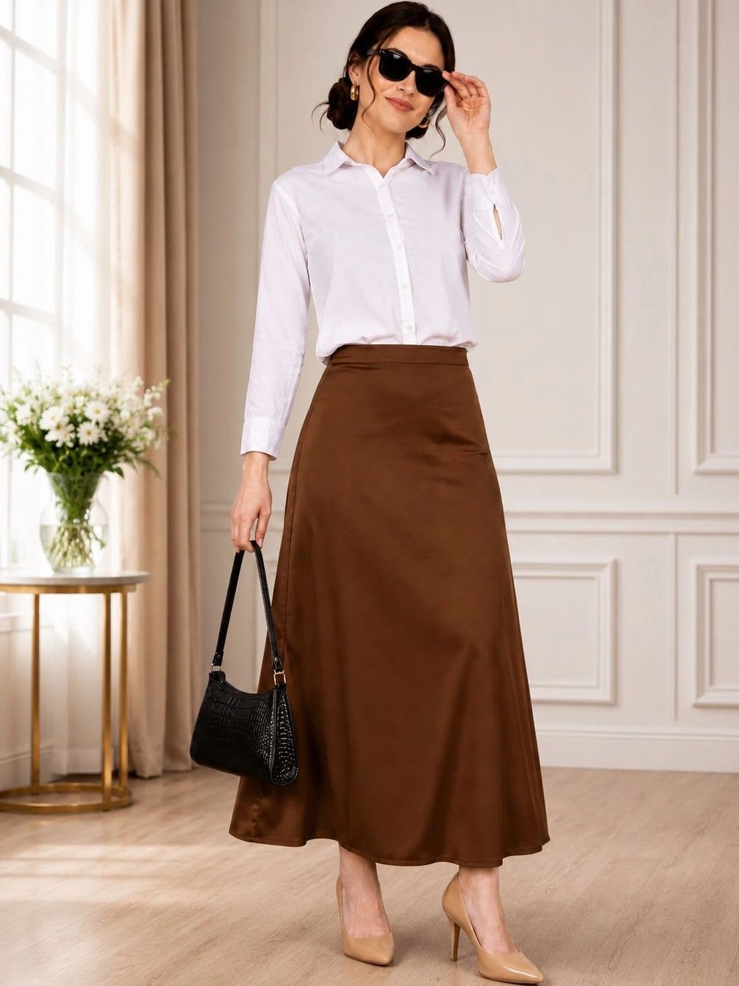 Aadvi Fashion Women Satin Side Slit Midi A-Line Skirt - back view