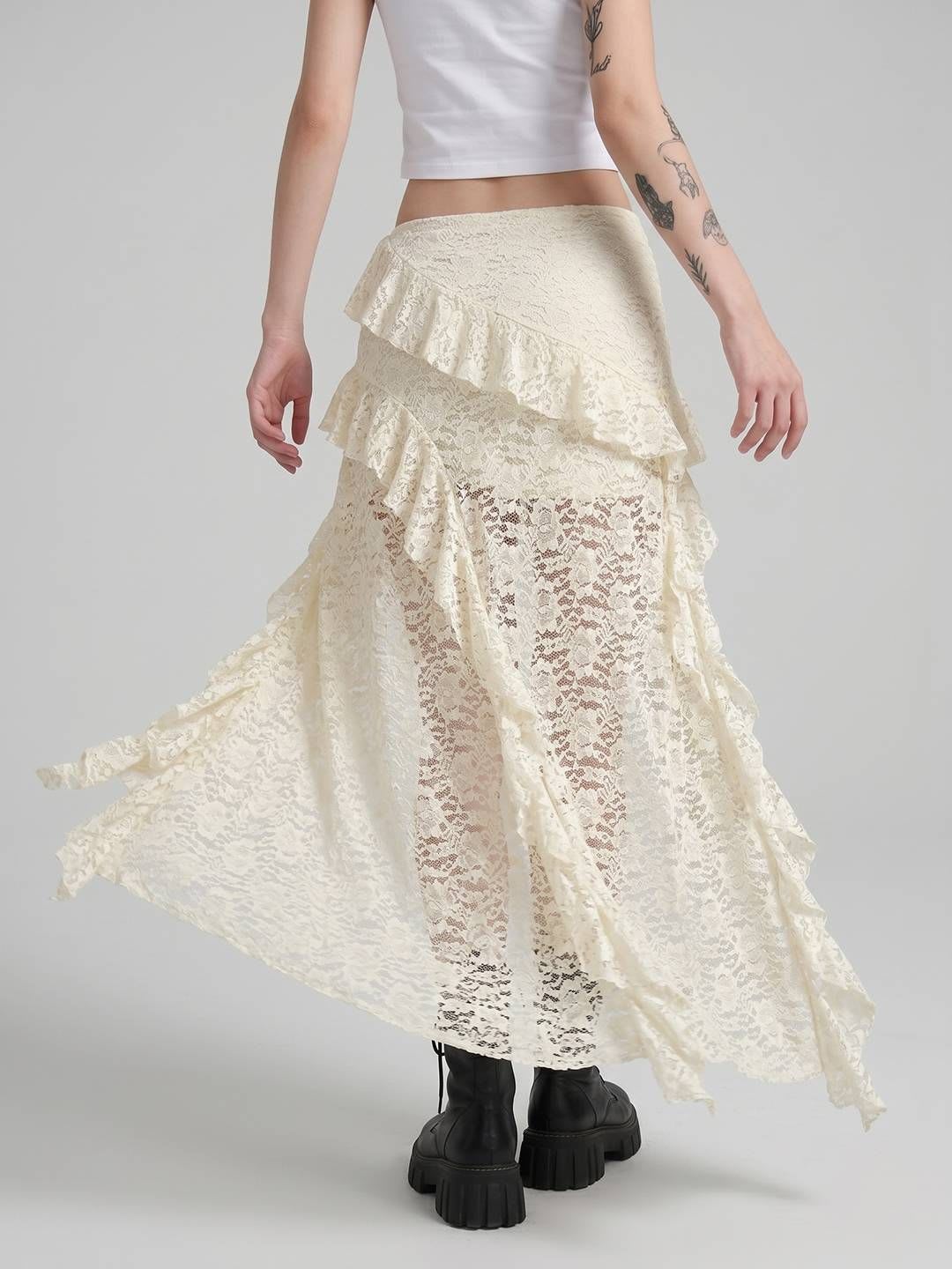 Suo Women Lace Self Design Frills Bows and Ruffles Front Slit Maxi A-Line Skirt - back view