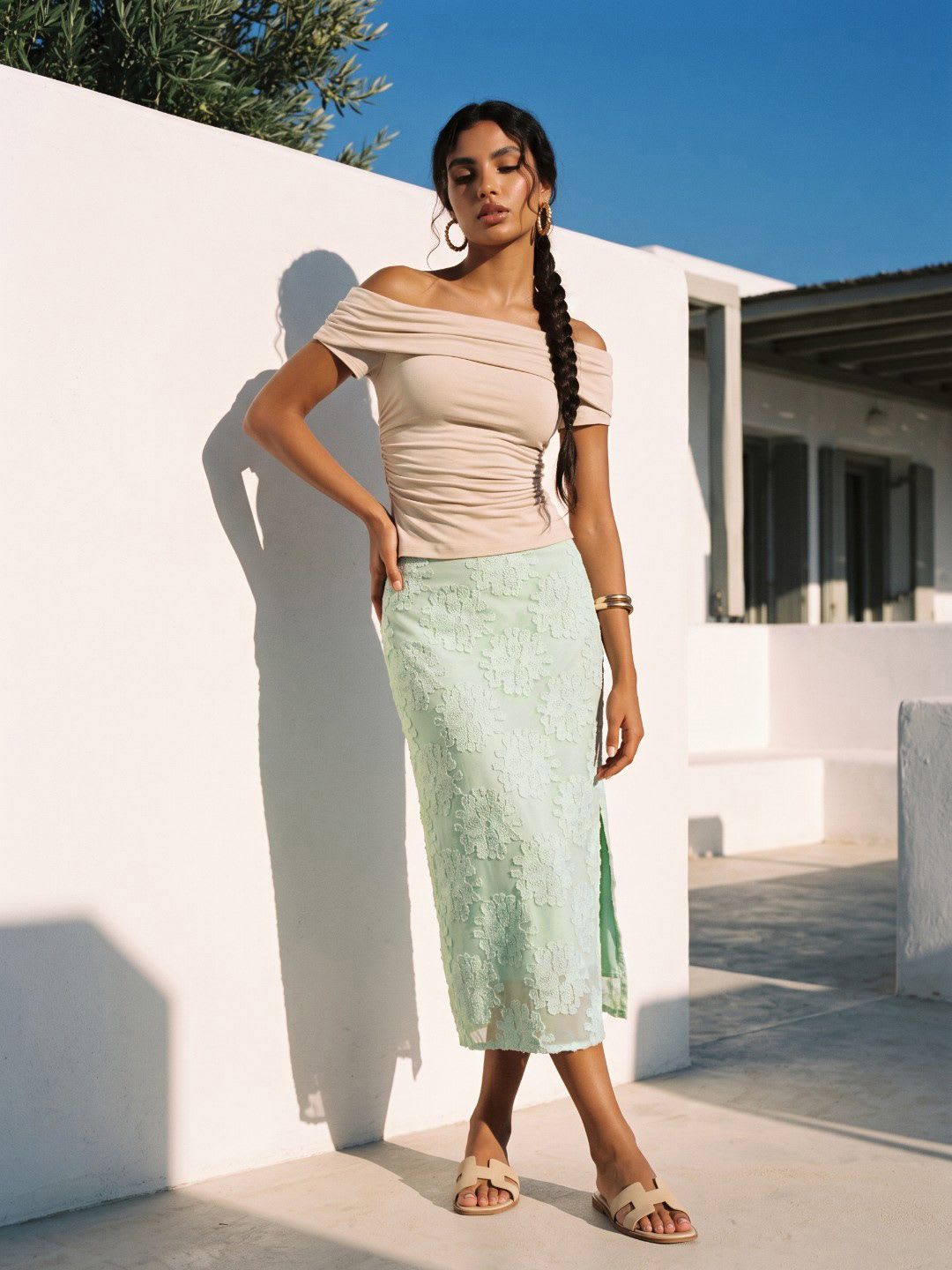 Phosphorus Women Floral Self-Design Slits Midi Straight Skirt - left view