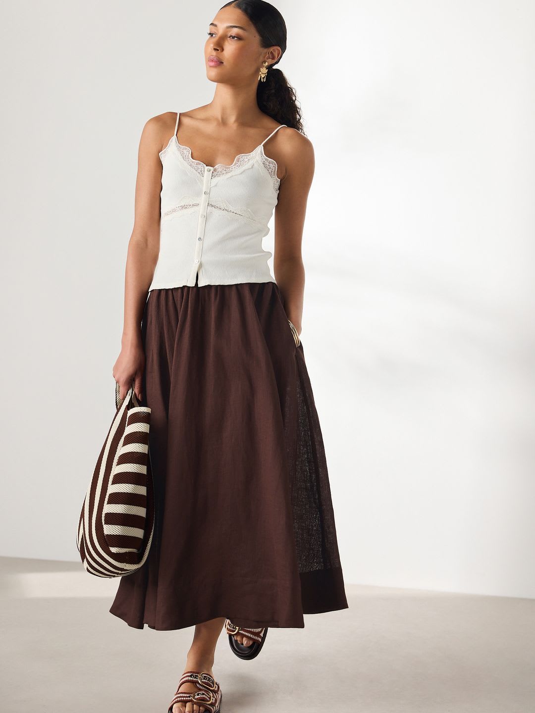 NEXT Women Linen Midi Flared Skirt - default view