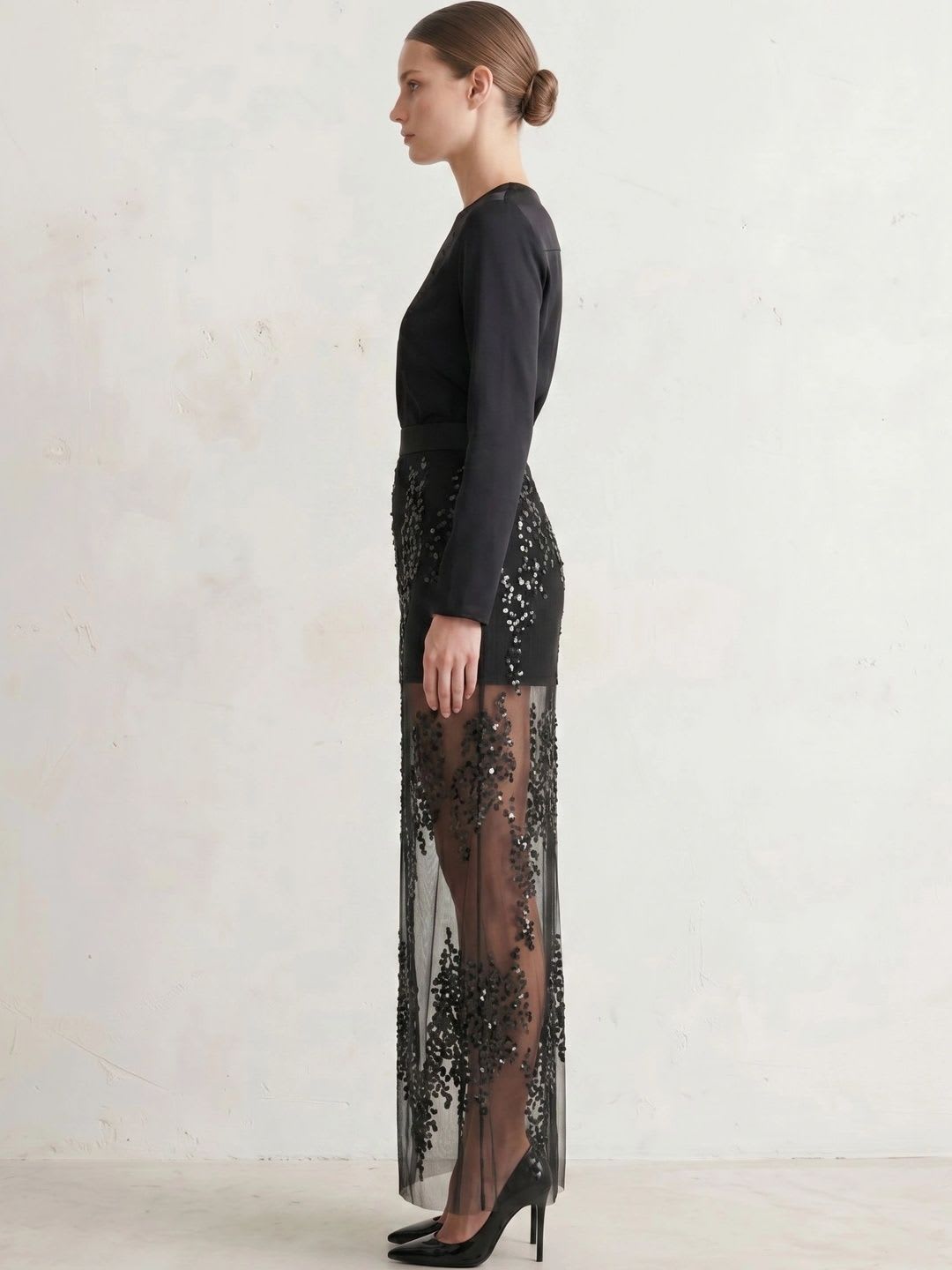 ATELIER REBEL Women Embellished Sheer Maxi Straight Skirt - back view