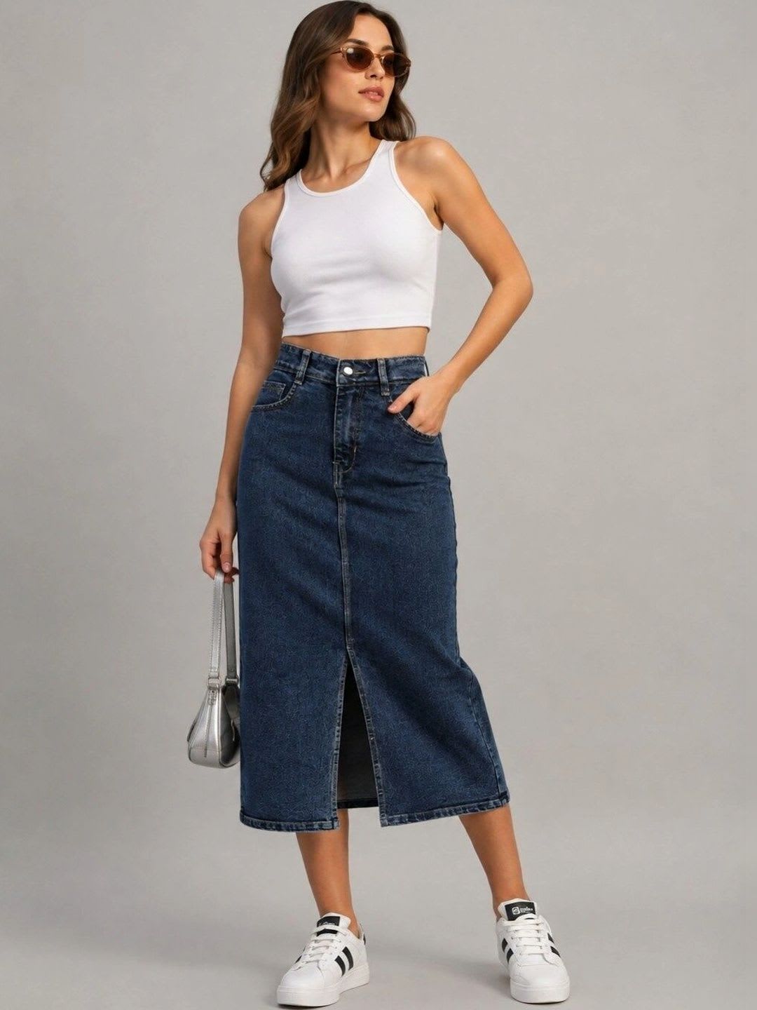Mast & Harbour Women Denim Front Slit Midi Straight Skirt - default view