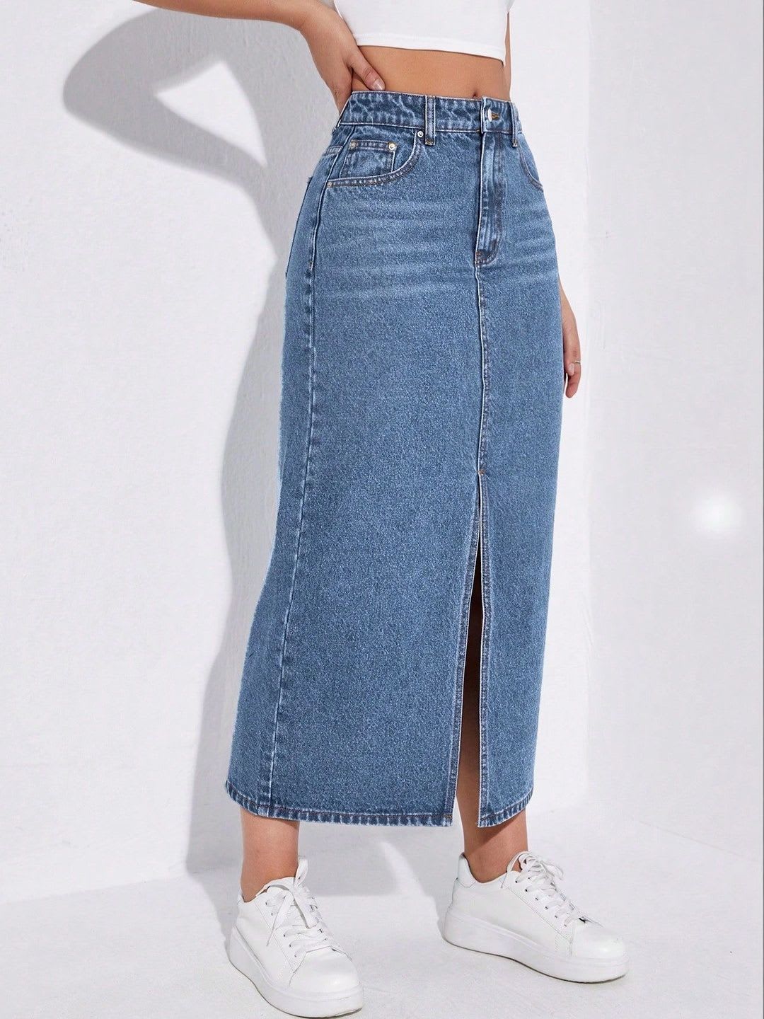 Sugathari Women Washed Slits Front Slit Midi A-Line Skirt - left view