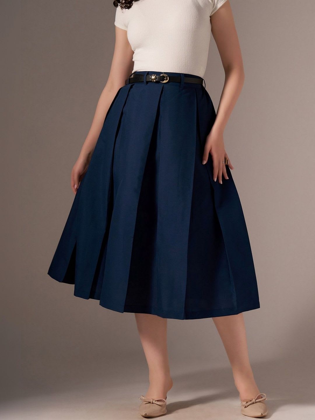 AASK Cotton Midi Flared Pleated Skirt With Belt Loop - default view