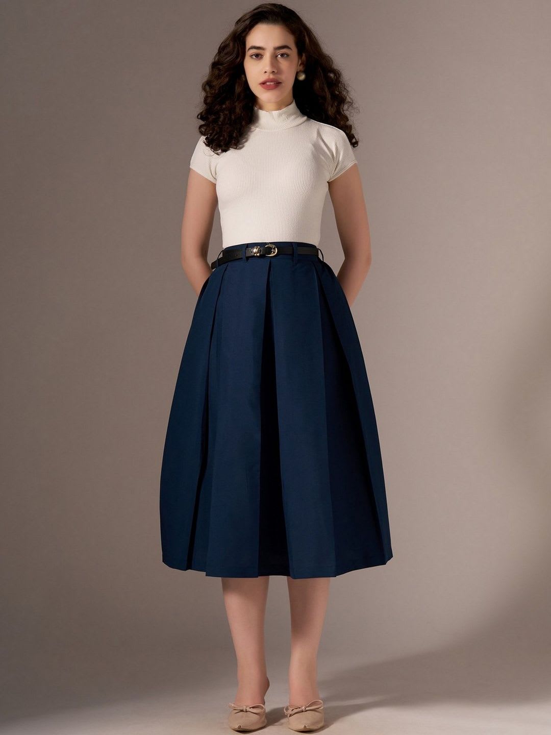 AASK Cotton Midi Flared Pleated Skirt With Belt Loop - back view