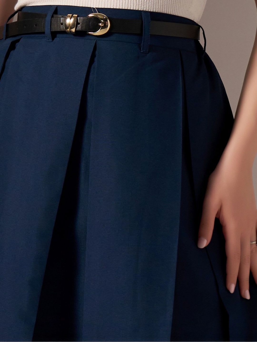 AASK Cotton Midi Flared Pleated Skirt With Belt Loop - left view