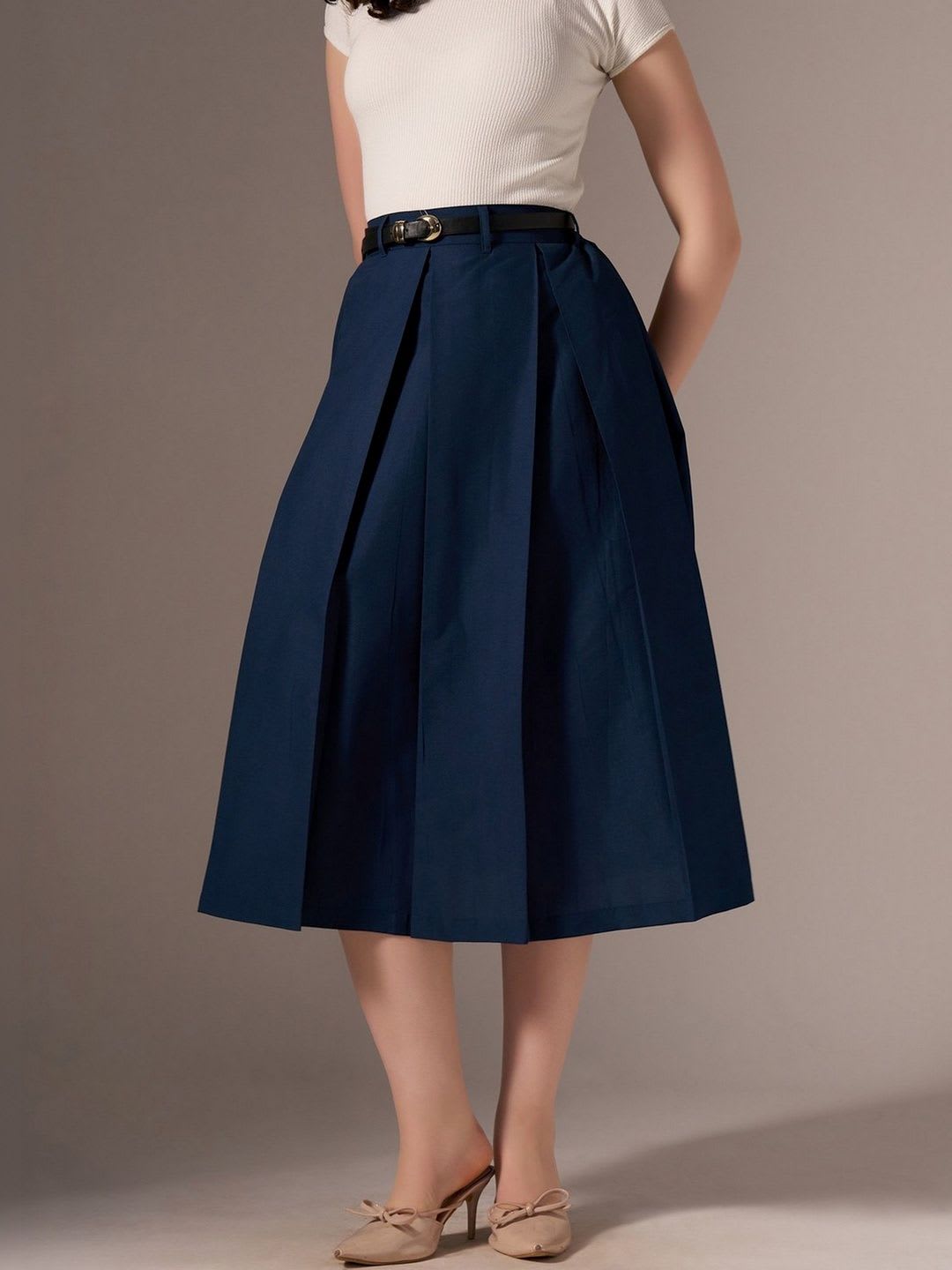 AASK Cotton Midi Flared Pleated Skirt With Belt Loop - right view