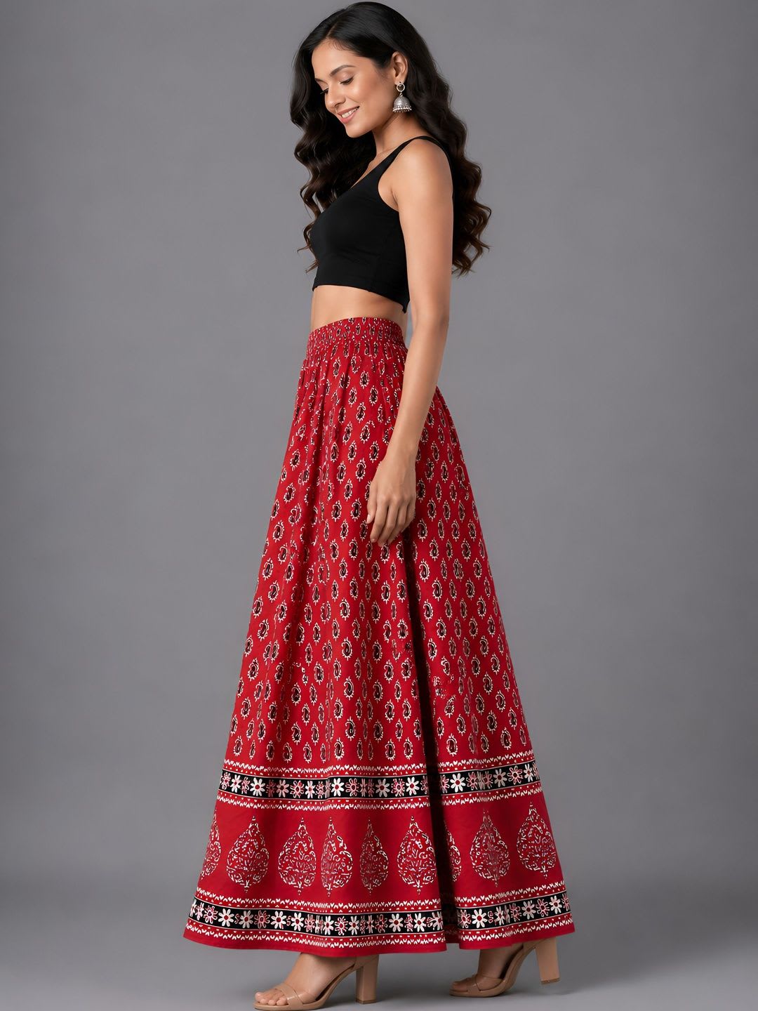 HARAYE Women Pure Cotton Cotton Cambric Paisley Maxi Flared Skirt - default view