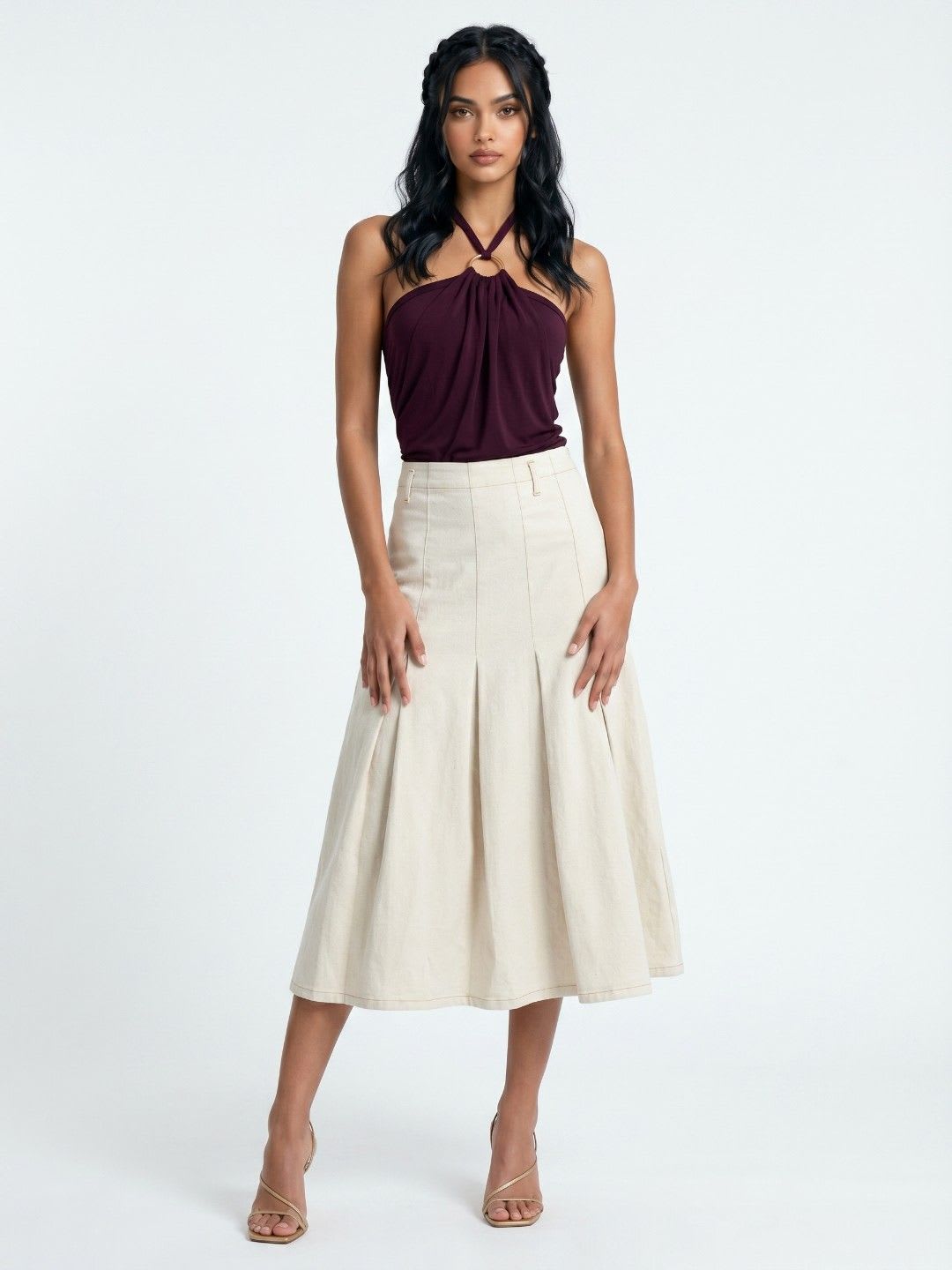 glitchez Women Pleated Denim Midi A-Line Skirt - back view