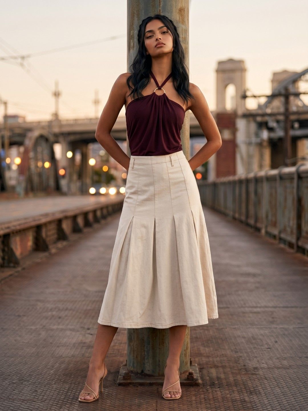 glitchez Women Pleated Denim Midi A-Line Skirt - left view