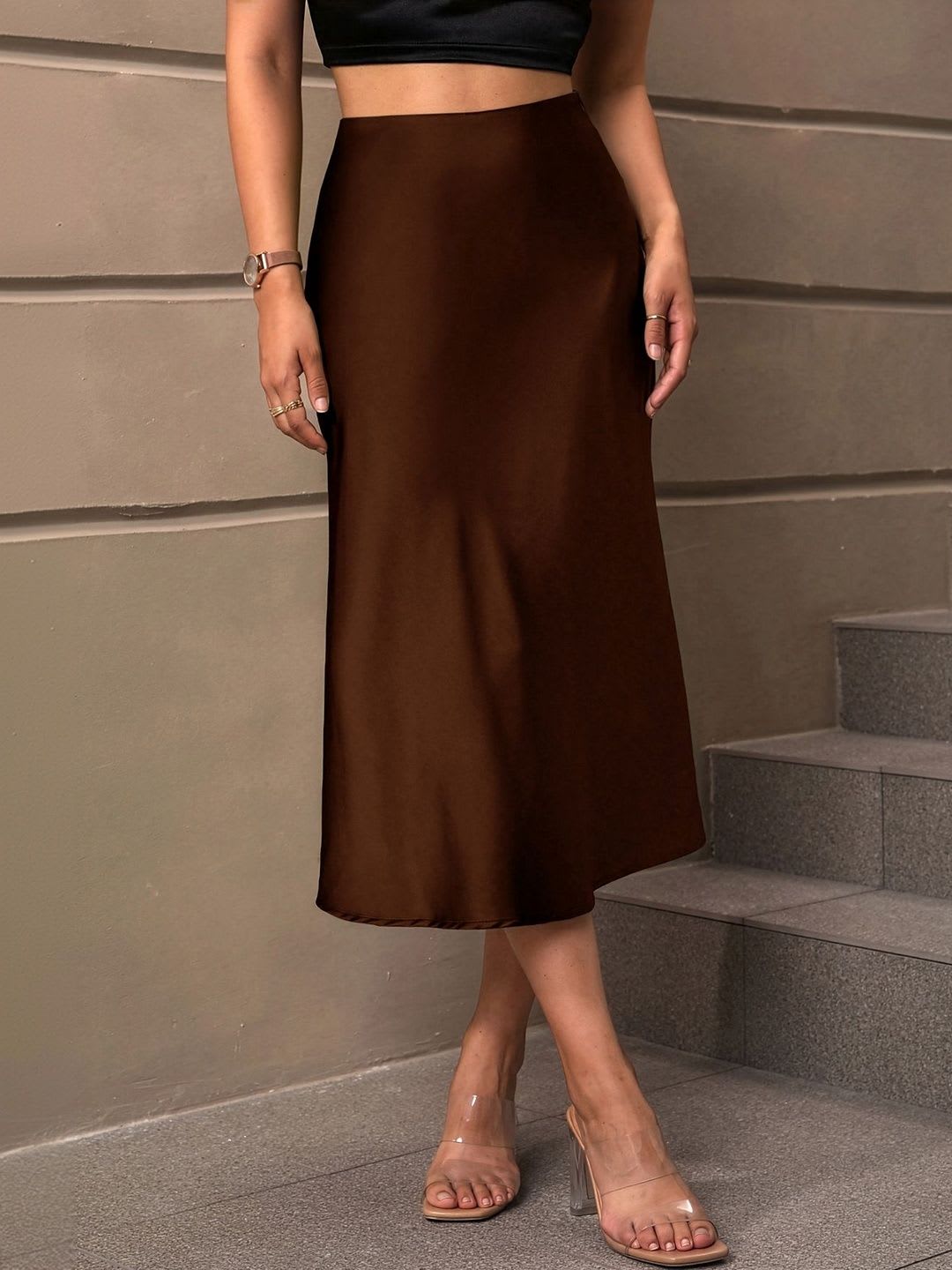 AAHWAN Women Satin Midi A-Line Skirt - left view