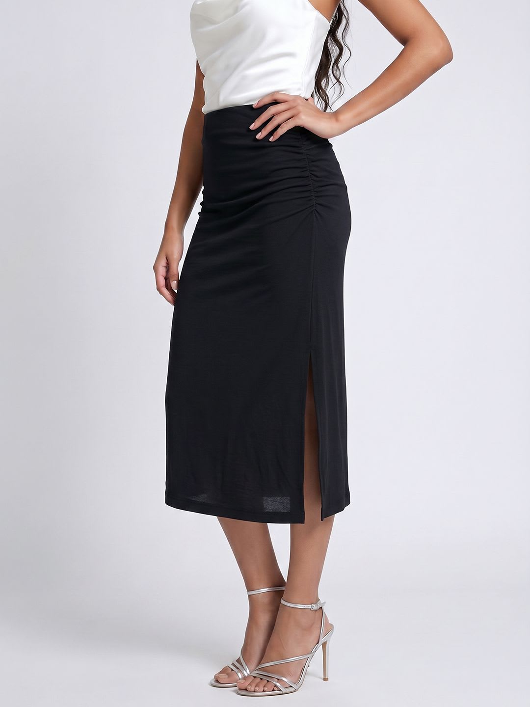 glitchez Women Ruched Side Slit Midi Straight Skirt - default view