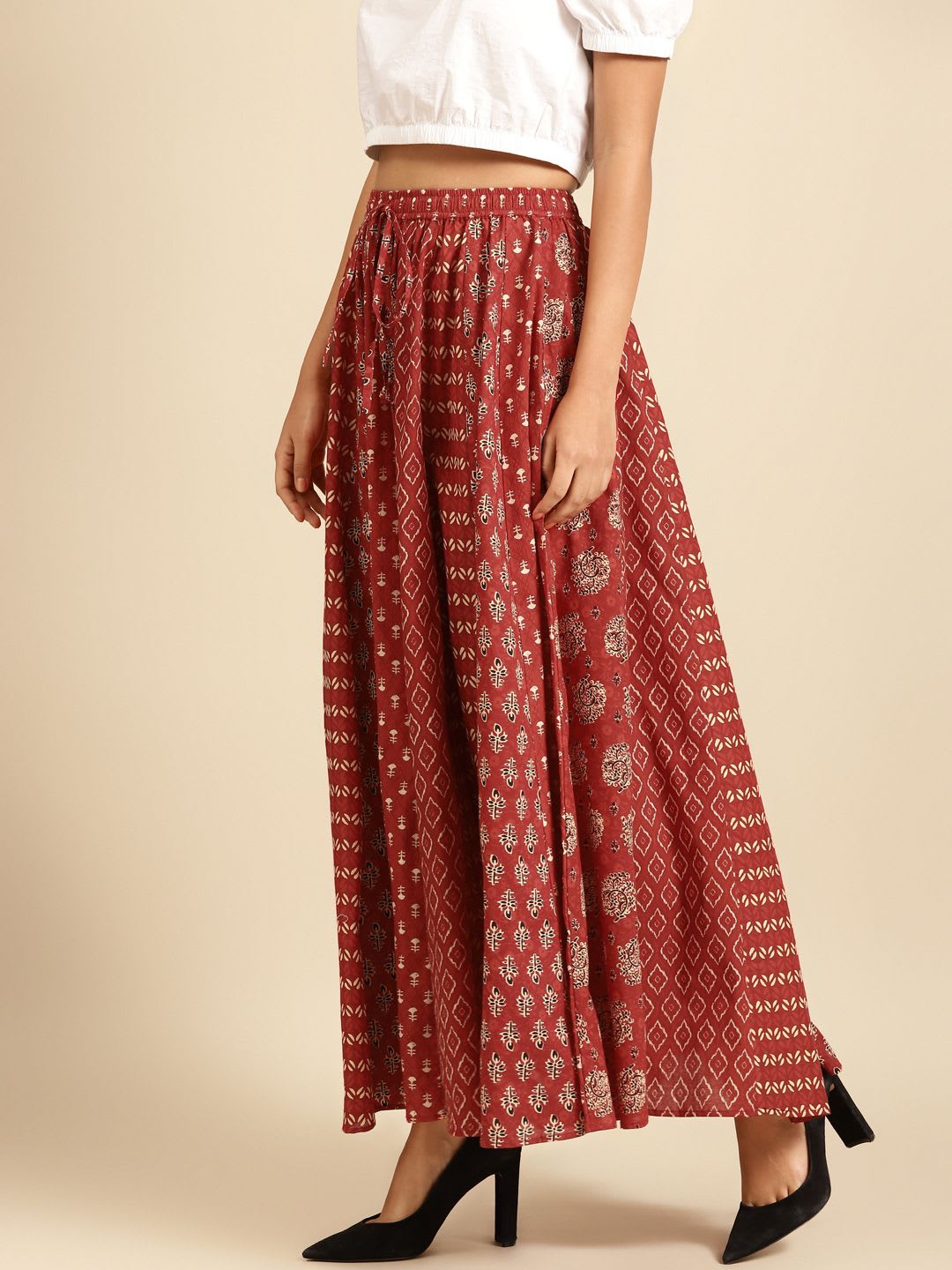 anayna Maroon & Beige Printed Pure Cotton Maxi Flared Skirt - back view