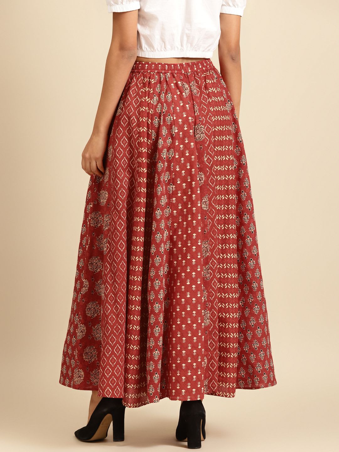 anayna Maroon & Beige Printed Pure Cotton Maxi Flared Skirt - right view