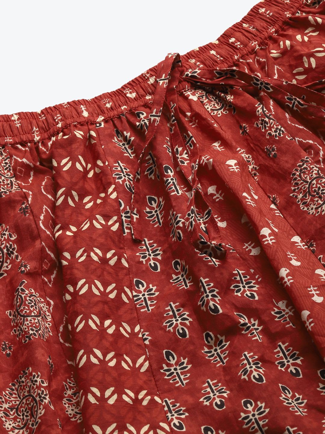 anayna Maroon & Beige Printed Pure Cotton Maxi Flared Skirt - top view
