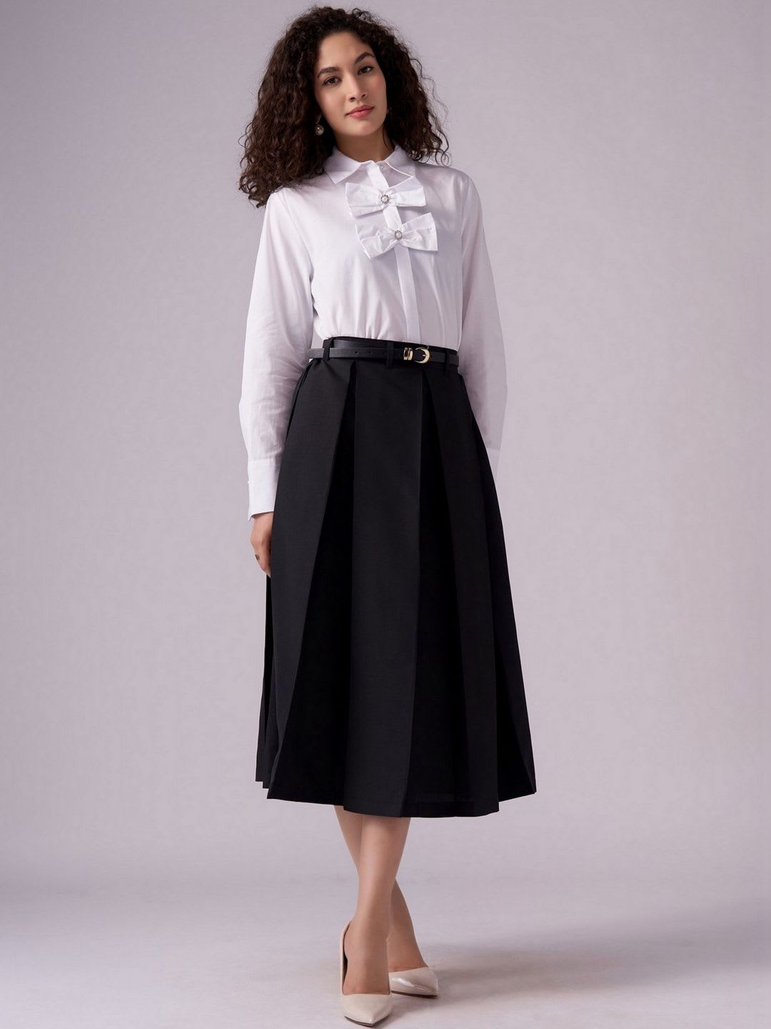 AASK Cotton Midi Flared Pleated Skirt With Belt Loop - back view