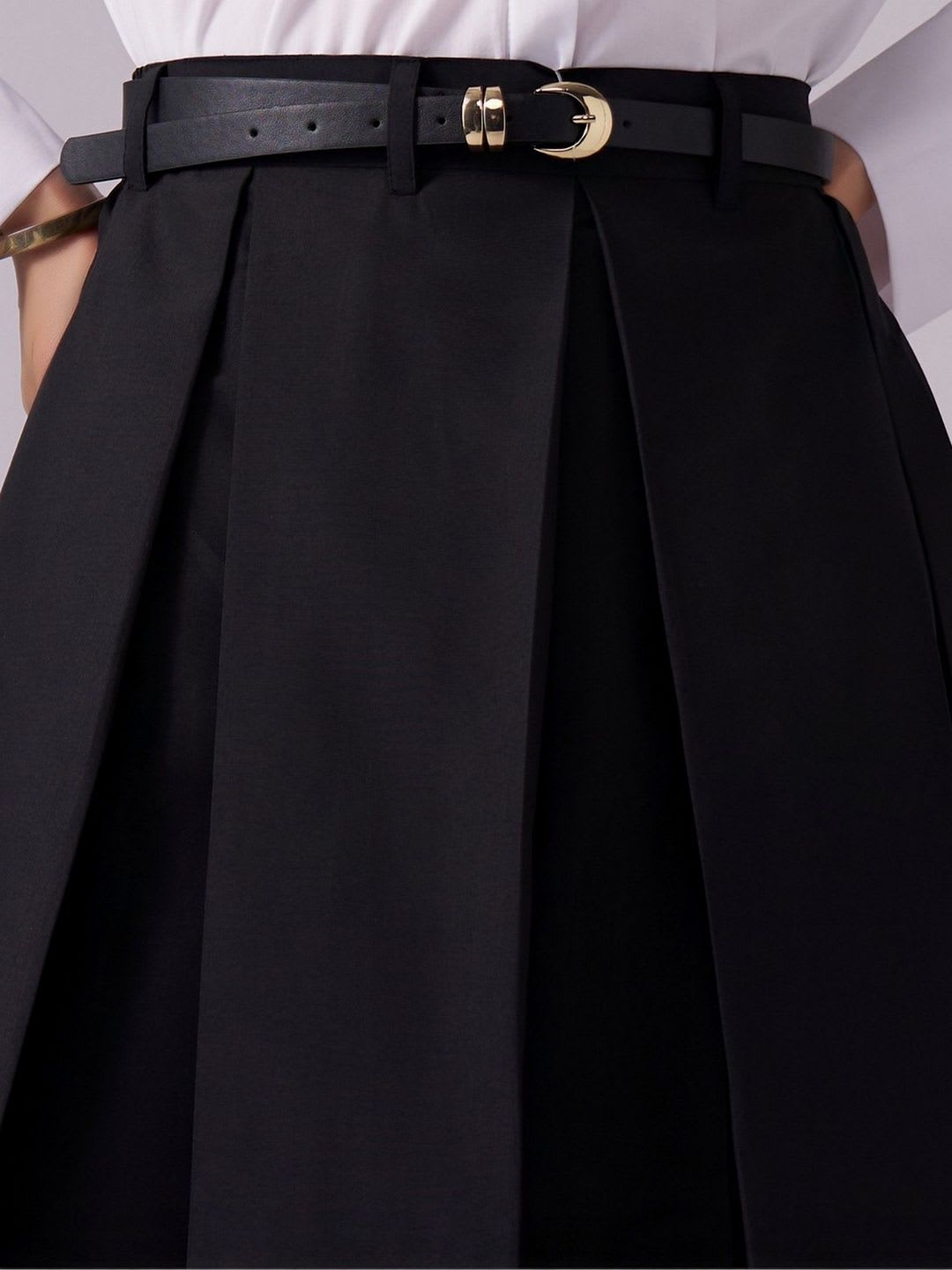 AASK Cotton Midi Flared Pleated Skirt With Belt Loop - left view