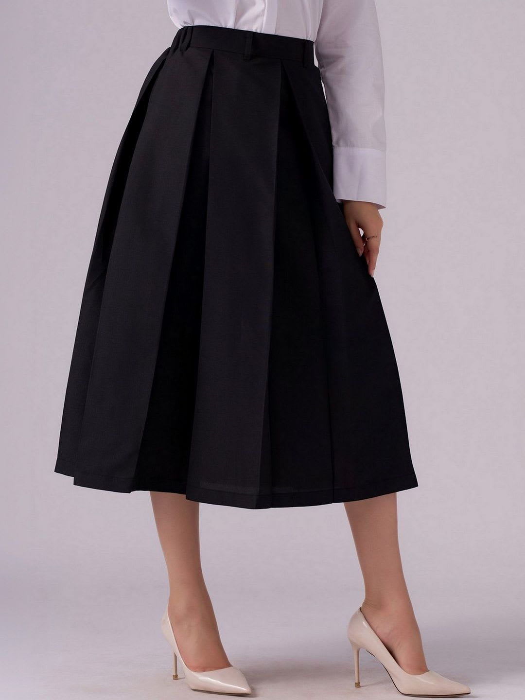 AASK Cotton Midi Flared Pleated Skirt With Belt Loop - right view