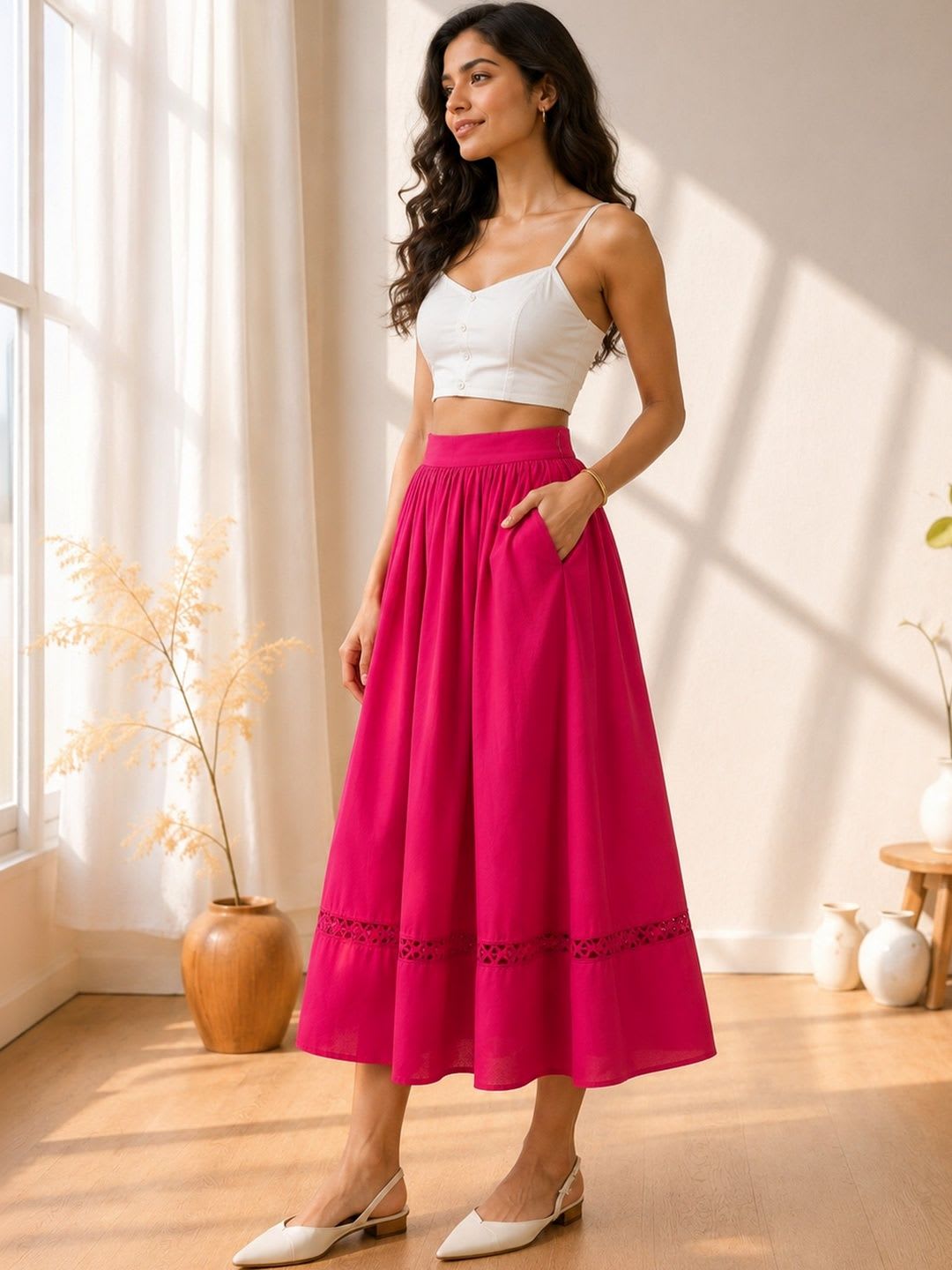 AASK Women Pure Cotton Cotton Cambric Midi Flared Skirt - back view