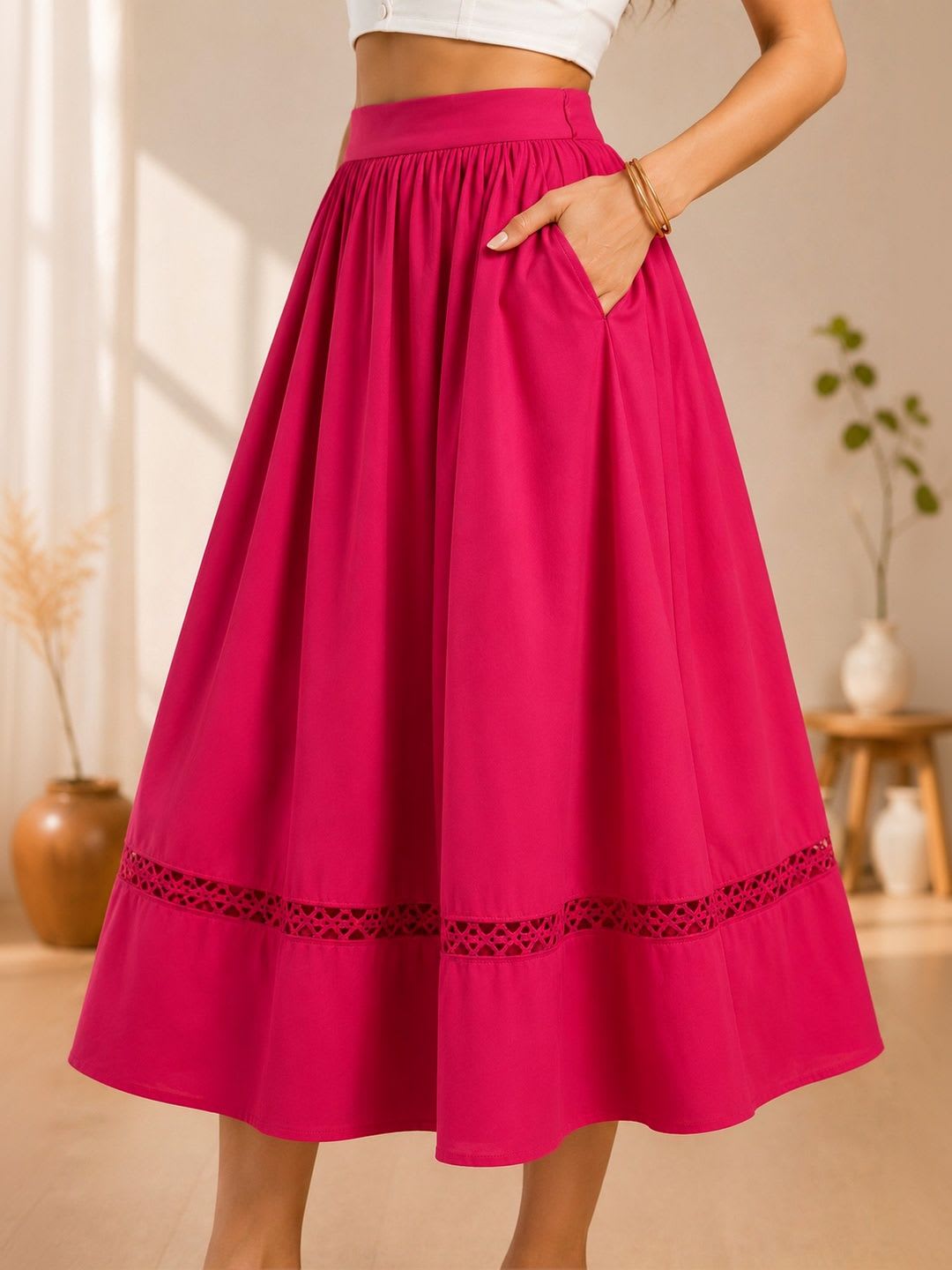 AASK Women Pure Cotton Cotton Cambric Midi Flared Skirt - left view