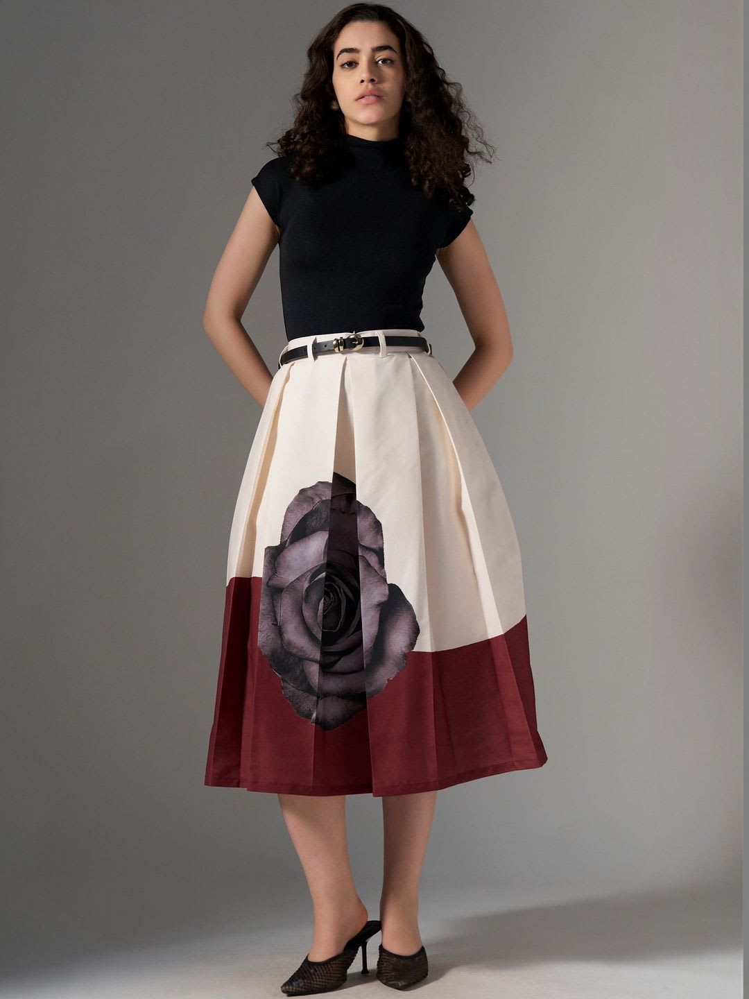 AASK Maroon Printed Pure Cotton Midi Flared Pleated Skirt - back view