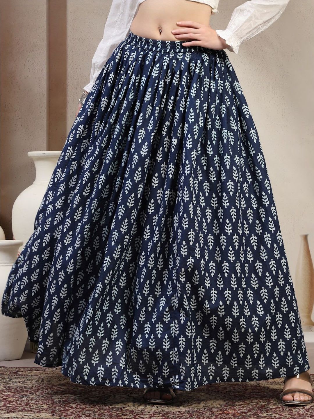 SUNEKH Women Ethnic Motifs Printed Cotton Flared Maxi Skirts - default view