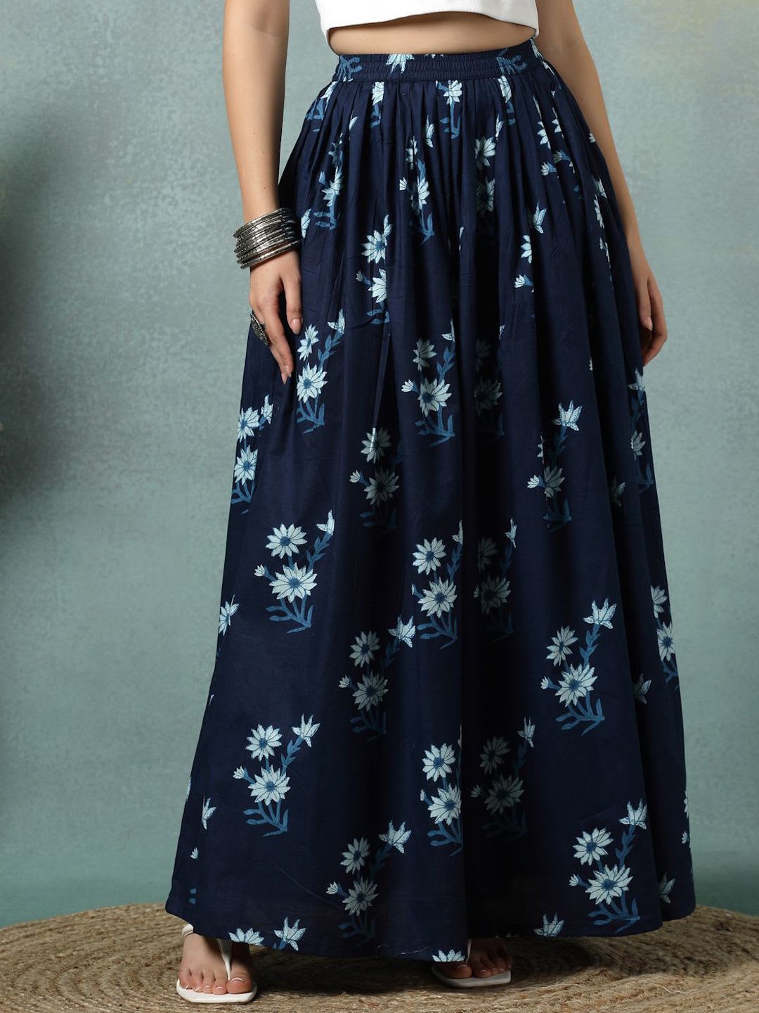 SUNEKH Floral Printed Cotton Flared Maxi Skirt - default view