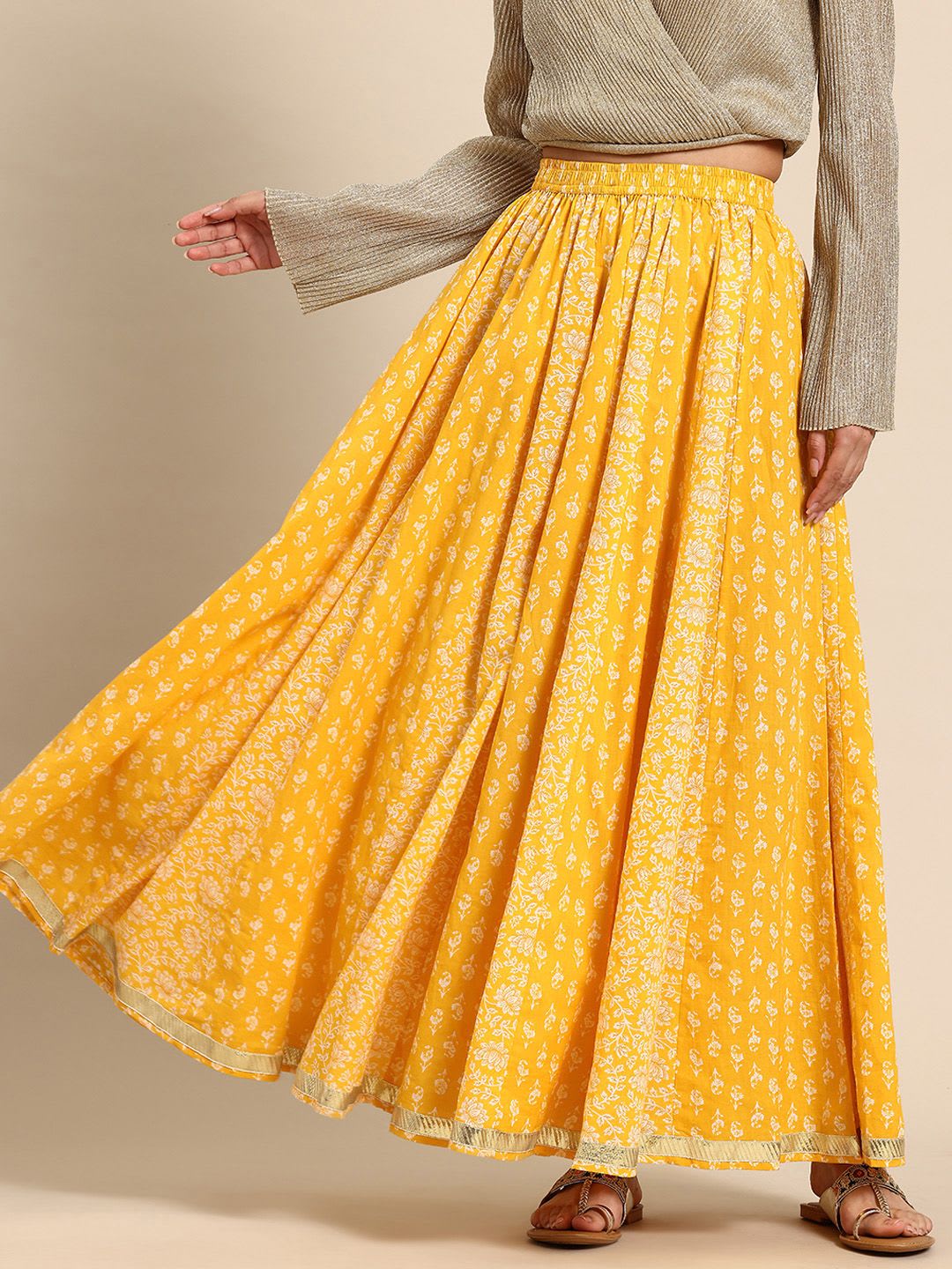 anayna Floral Printed Pure Cotton Flared Maxi Skirt - default view