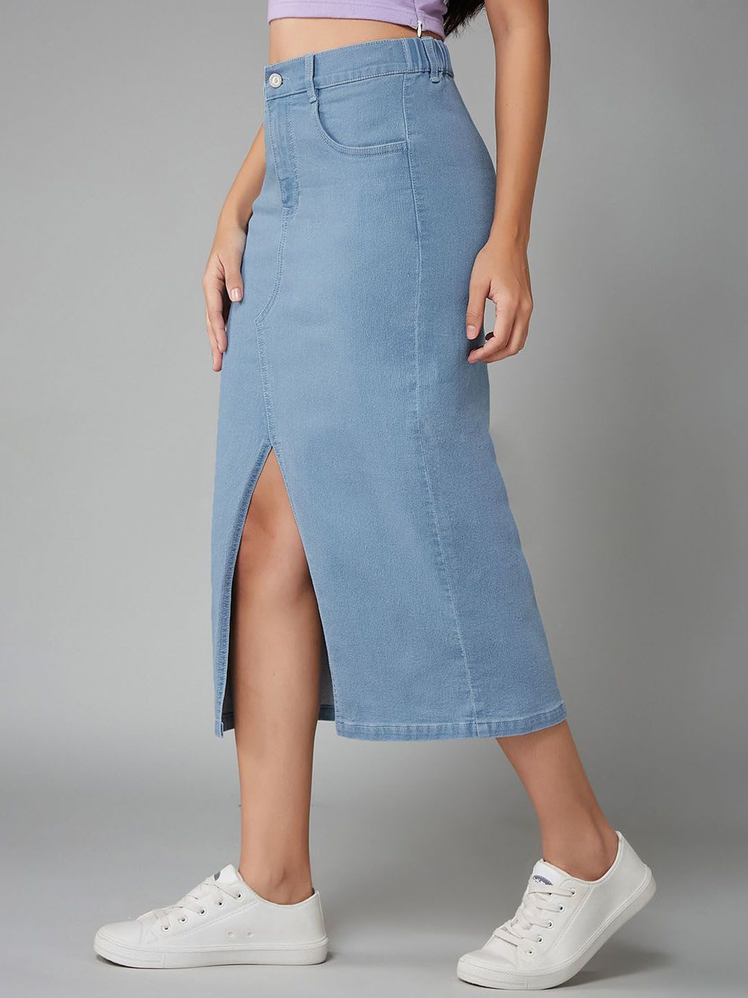 DOLCE CRUDO Women Straight Fit High Rise Clean Look Stretchable Denim Midi Skirt - back view