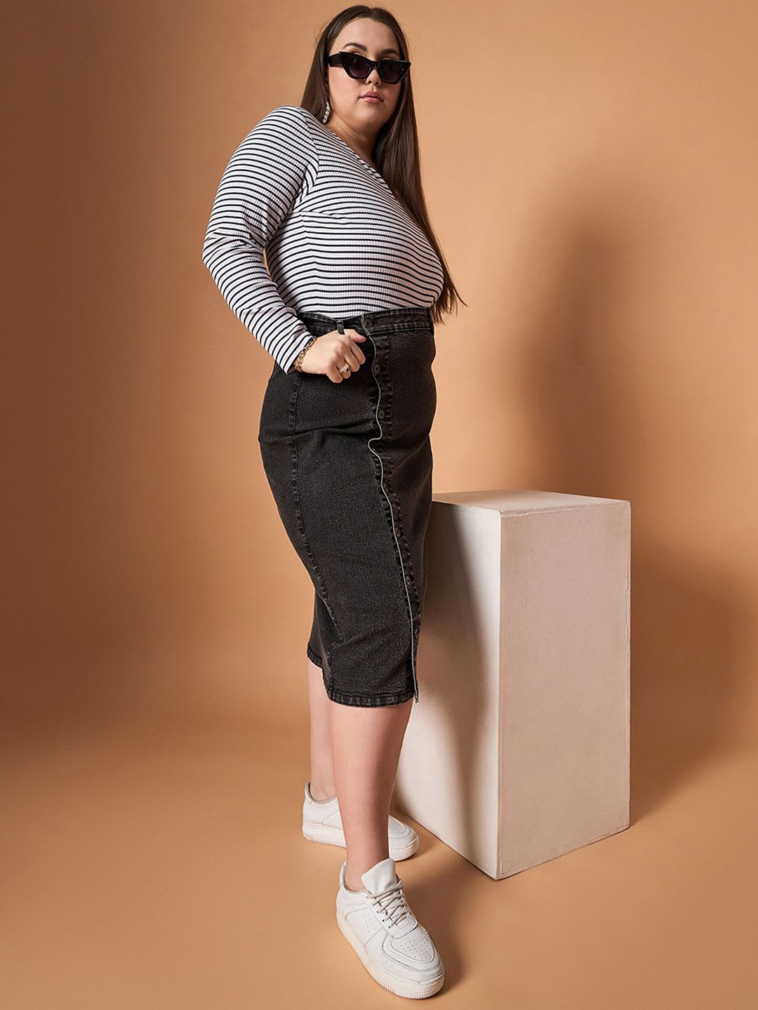 SASSAFRAS Curve Denim Straight Midi Skirts - left view