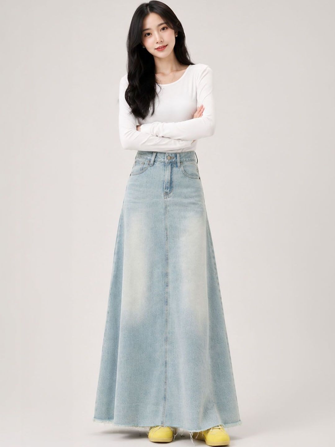 StyleCast Women Denim Washed Frayed Denim Maxi A-Line Skirt - default view