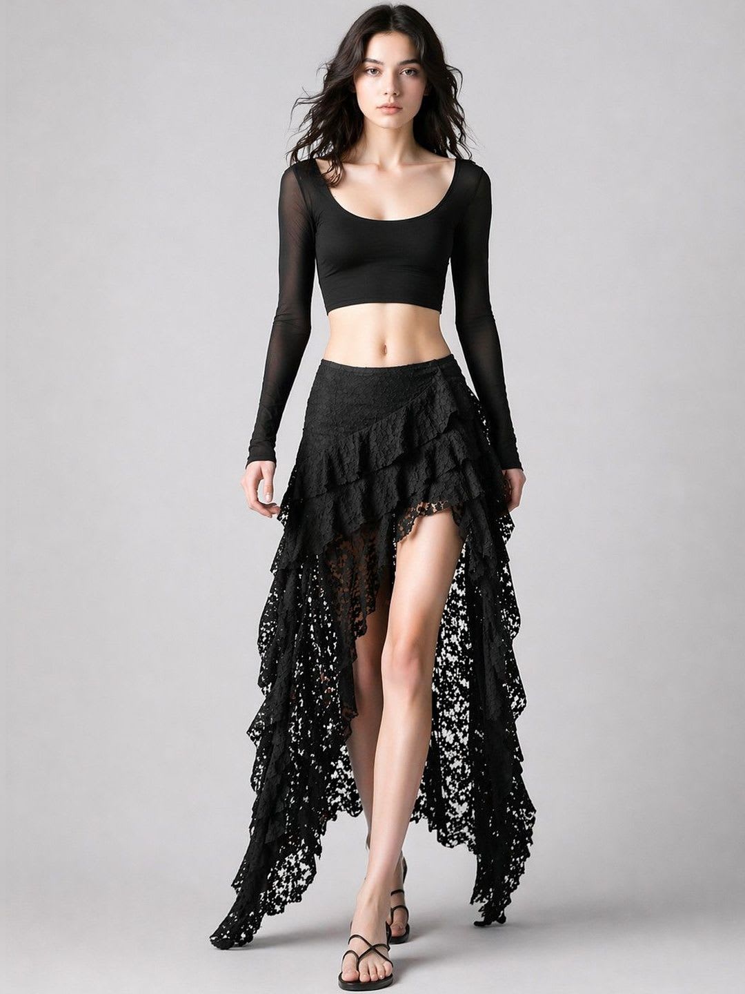 Suo Women Lace Self Design Frills Bows and Ruffles Front Slit Midi Wrap Skirt - default view
