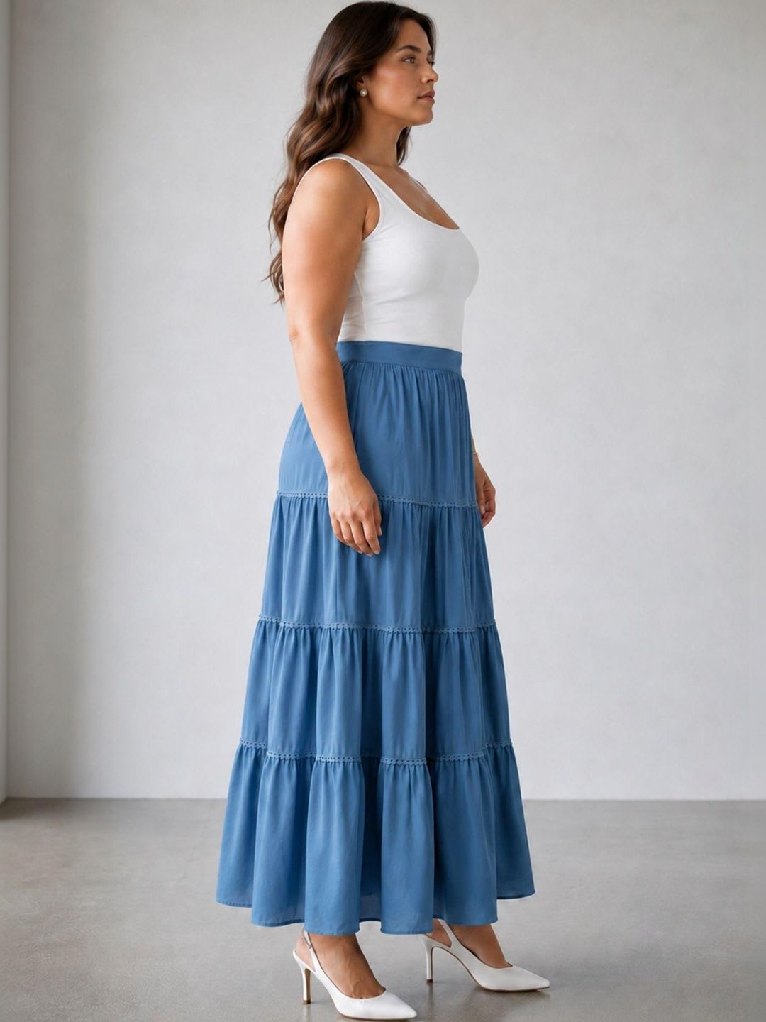 Virgio Solid Viscose Rayon Flared Maxi Plus Size Skirts for Women - back view