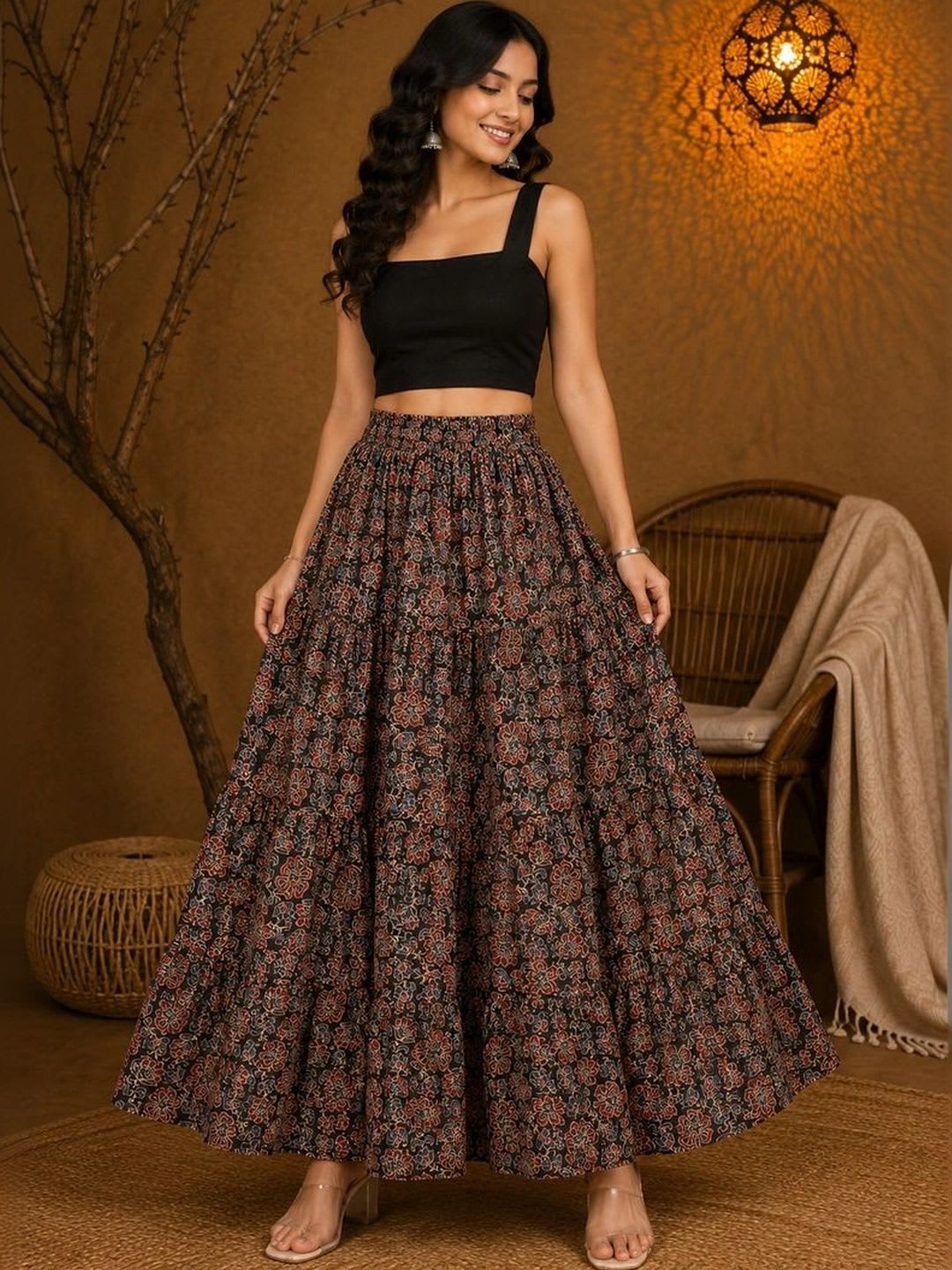 HERE&NOW Women Pure Cotton Blend Floral Bohemian Maxi Tiered Skirt - default view