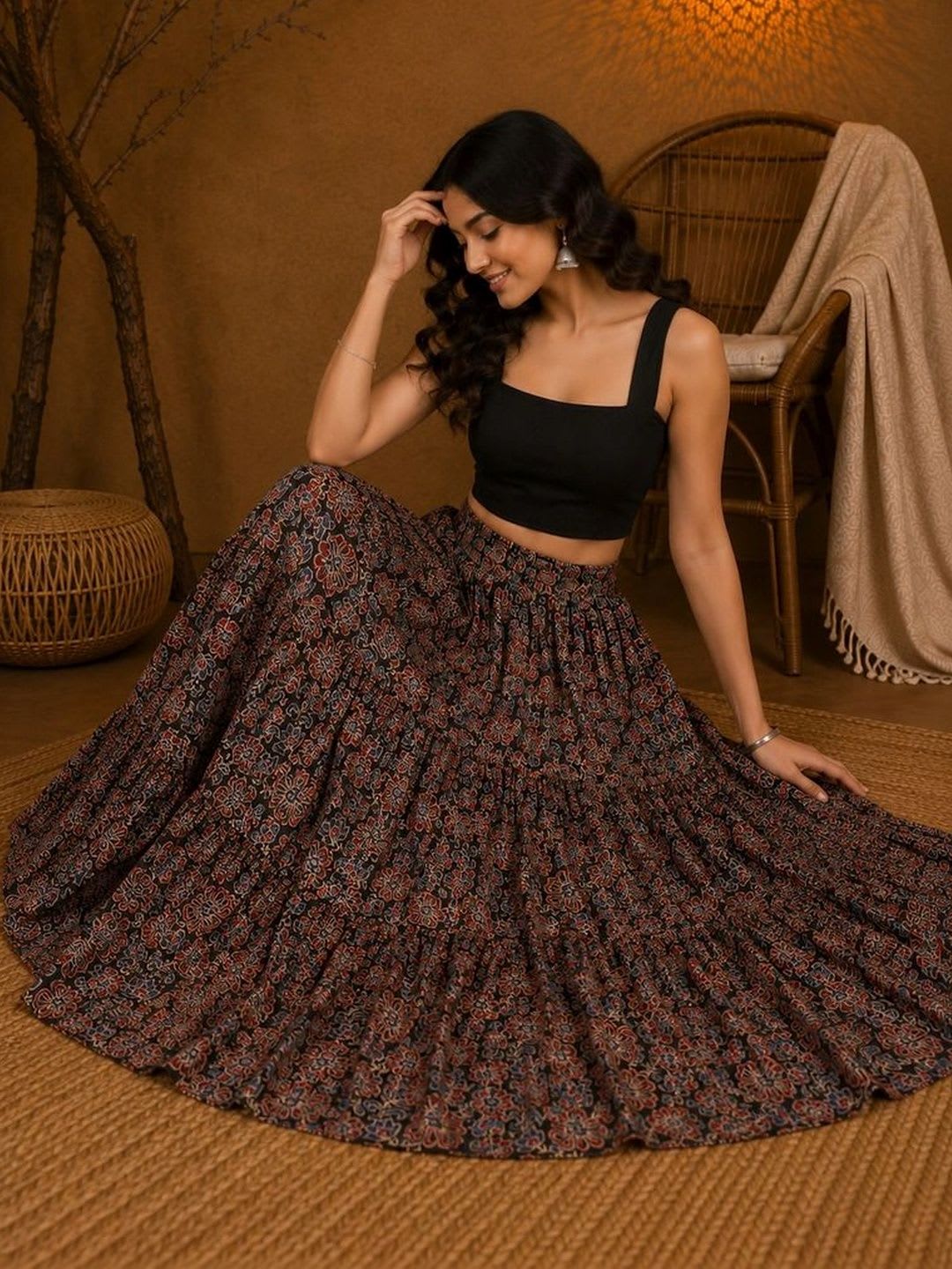 HERE&NOW Women Pure Cotton Blend Floral Bohemian Maxi Tiered Skirt - right view