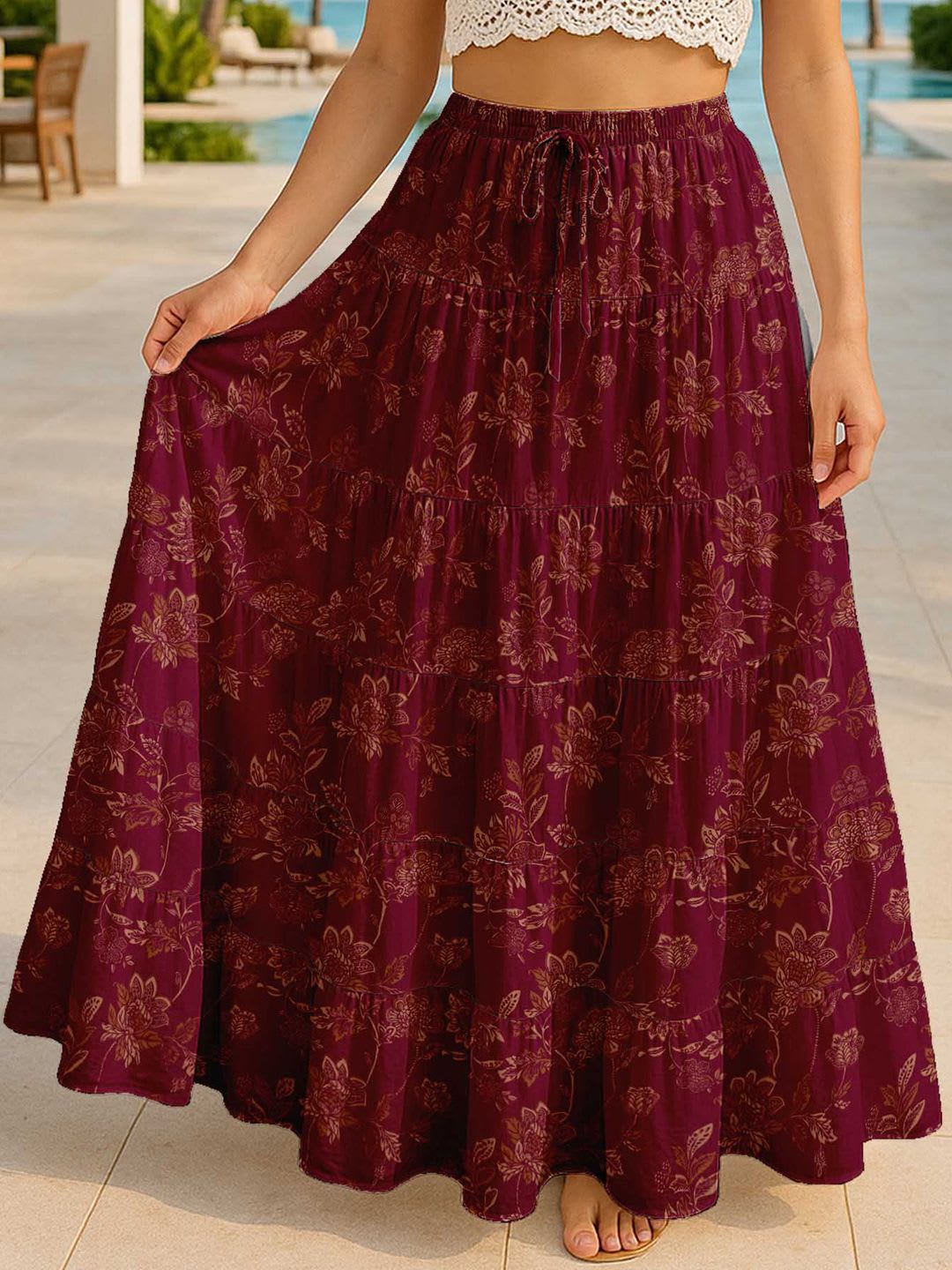 Moomaya Women Floral Printed Pure Cotton Tiered Maxi Skirt - default view
