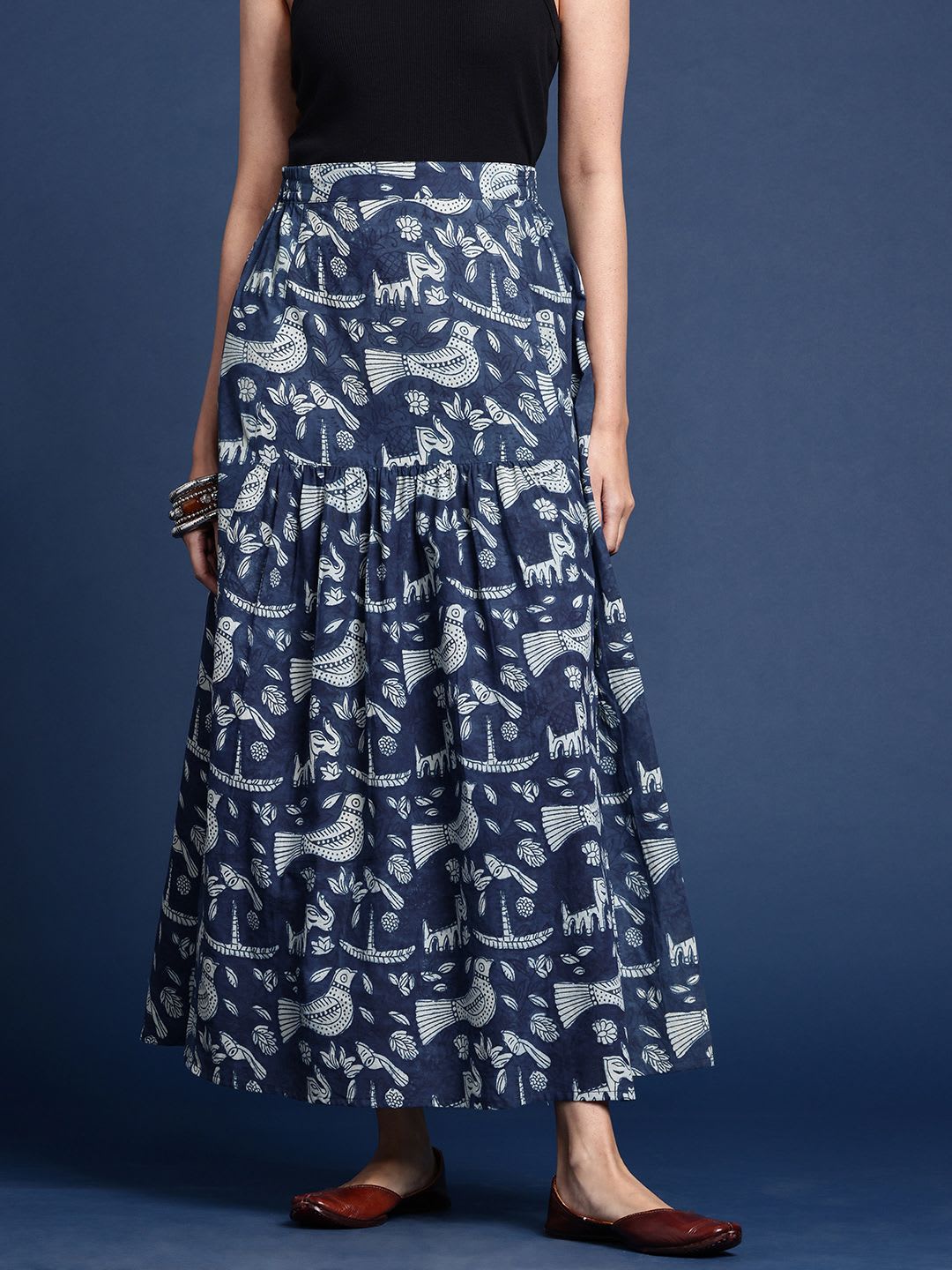 Taavi Women Ethnic Motifs Printed Pure Cotton Indigo Maxi Skirt - default view