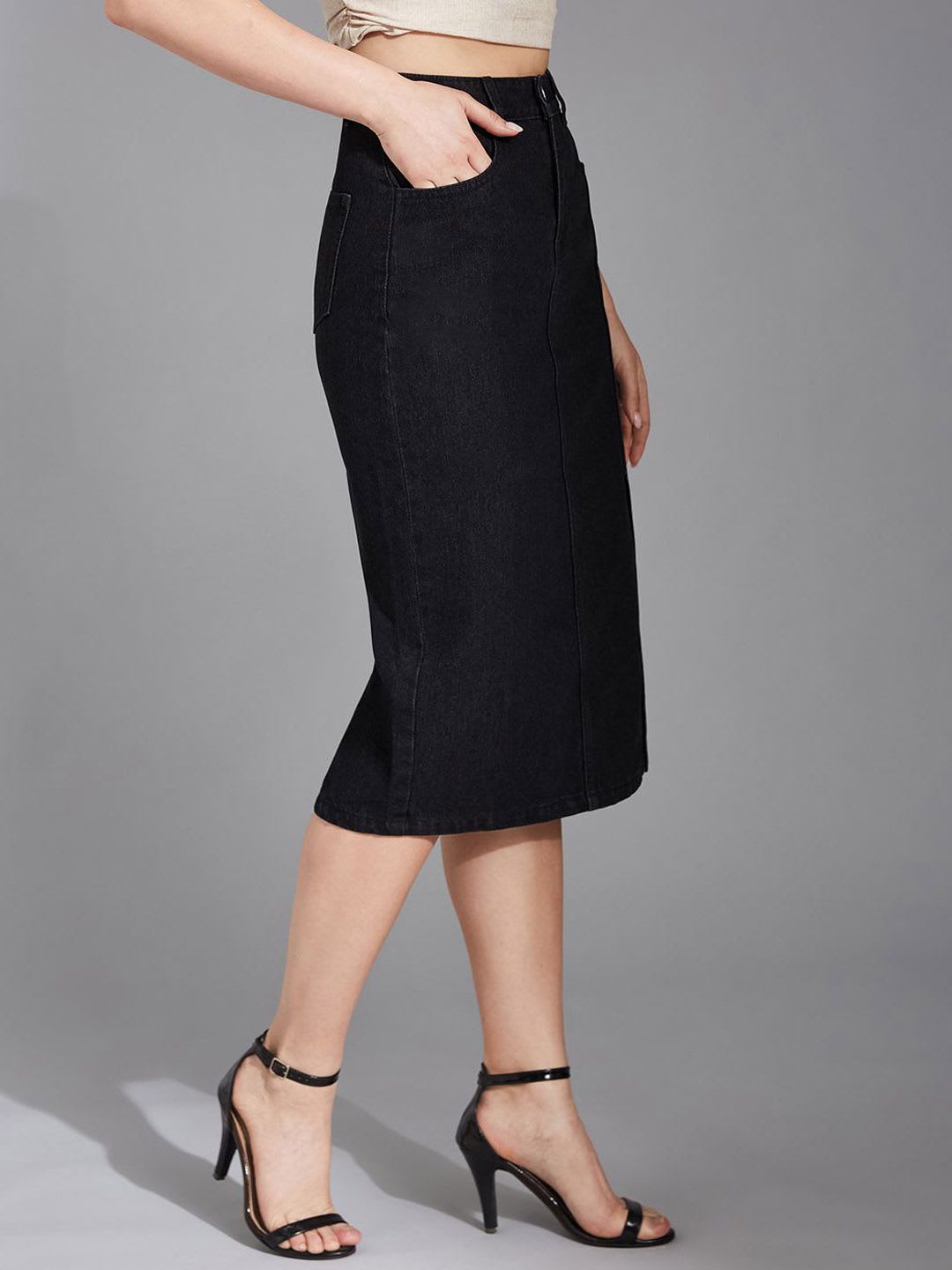 Life With Pockets Women Straight-Fit High-Rise Clean-Look Stretchable Denim Midi Skirt - back view