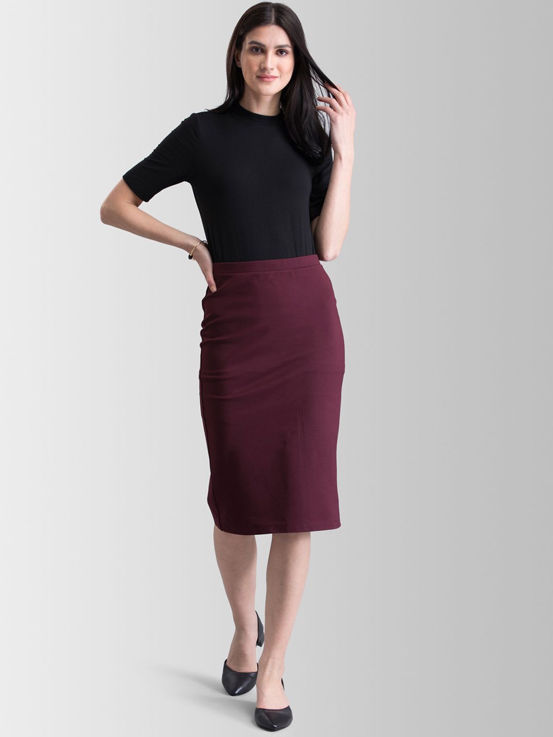 FABLE STREET Women Maroon Solid Straight Skirt - right view