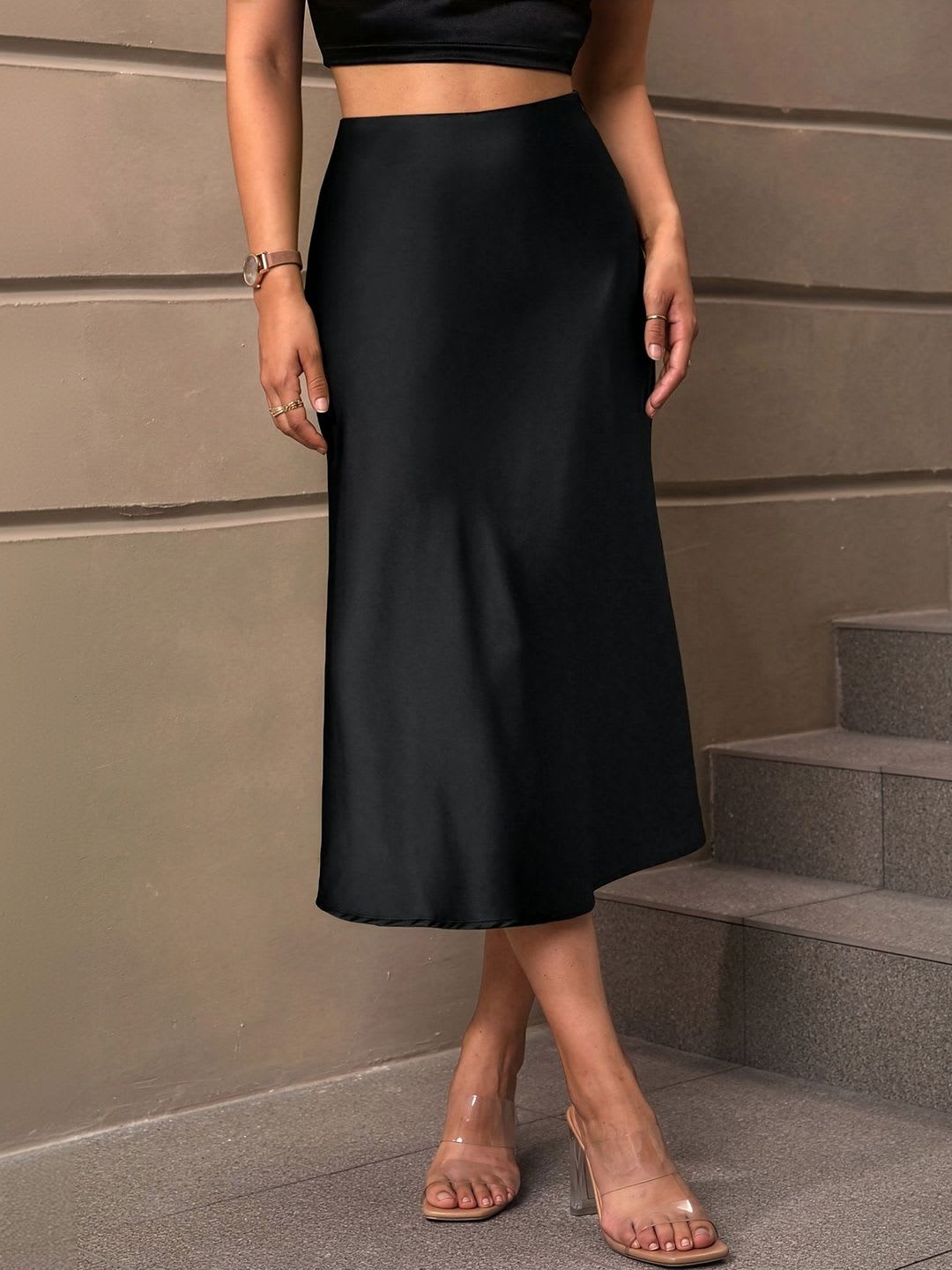AAHWAN Women Satin Midi A-Line Skirt - left view