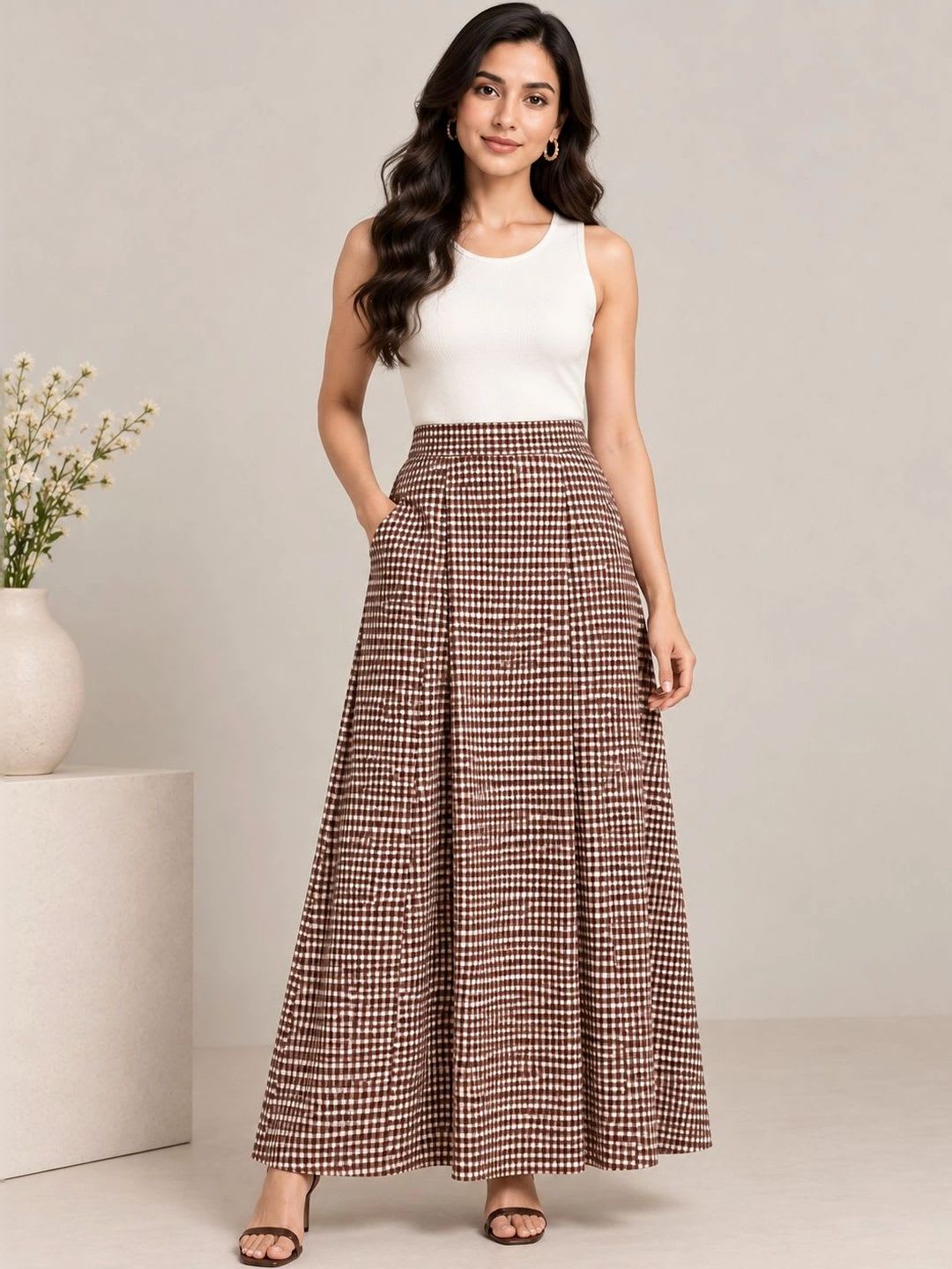 BLUE PIEGEON Women Pure Cotton Blend Checked Maxi Flared Skirt - default view