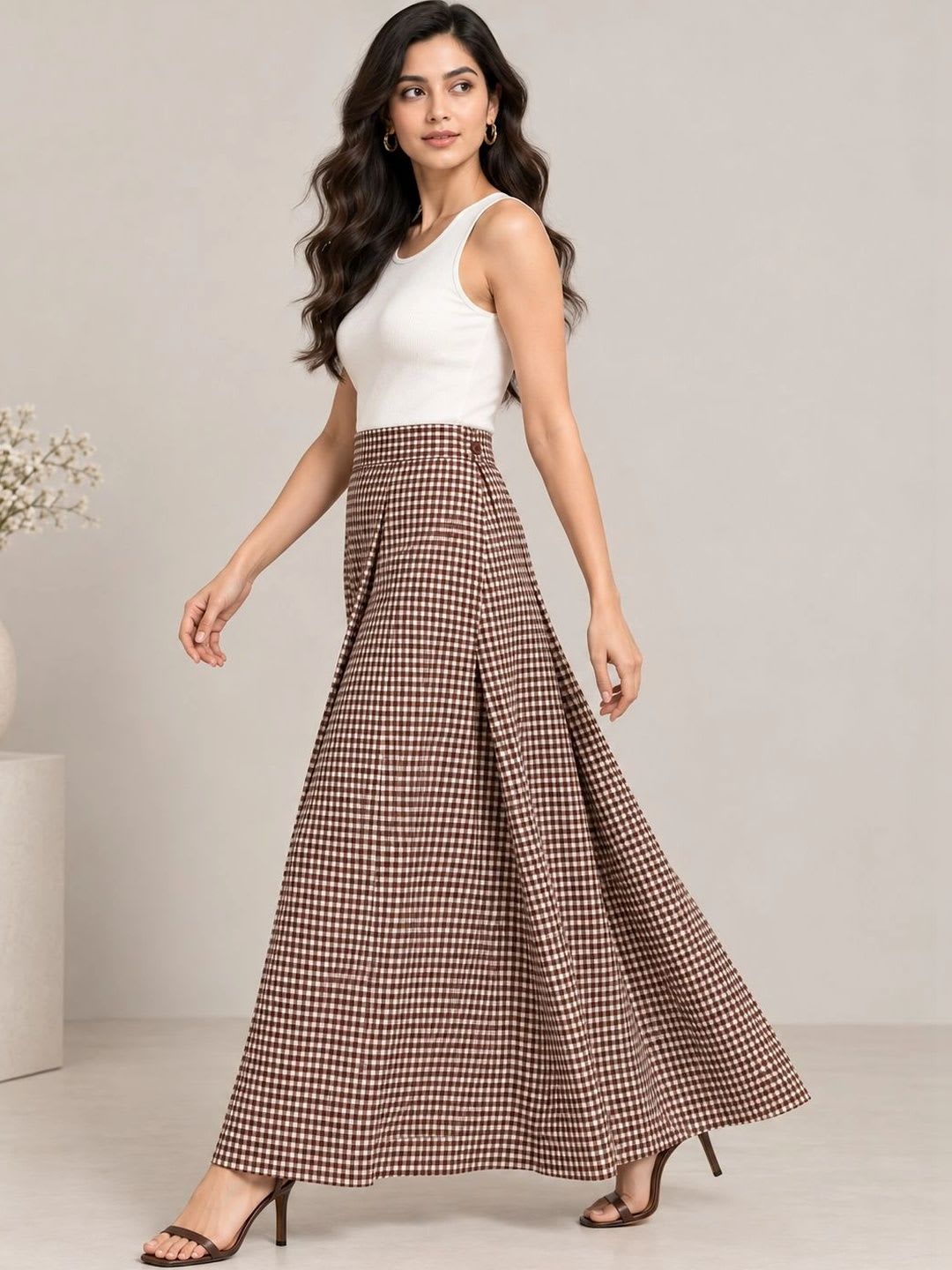 BLUE PIEGEON Women Pure Cotton Blend Checked Maxi Flared Skirt - back view