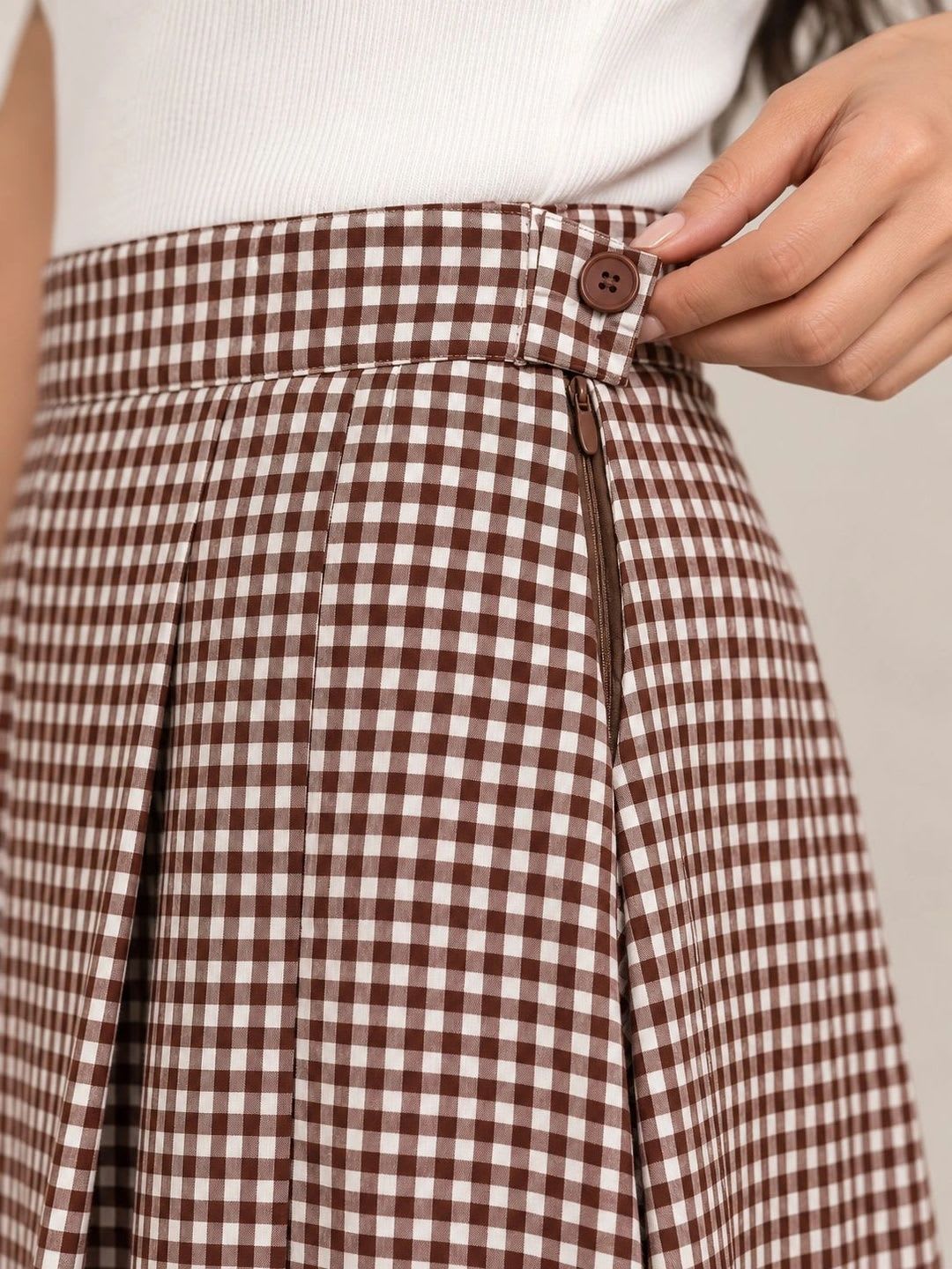 BLUE PIEGEON Women Pure Cotton Blend Checked Maxi Flared Skirt - left view
