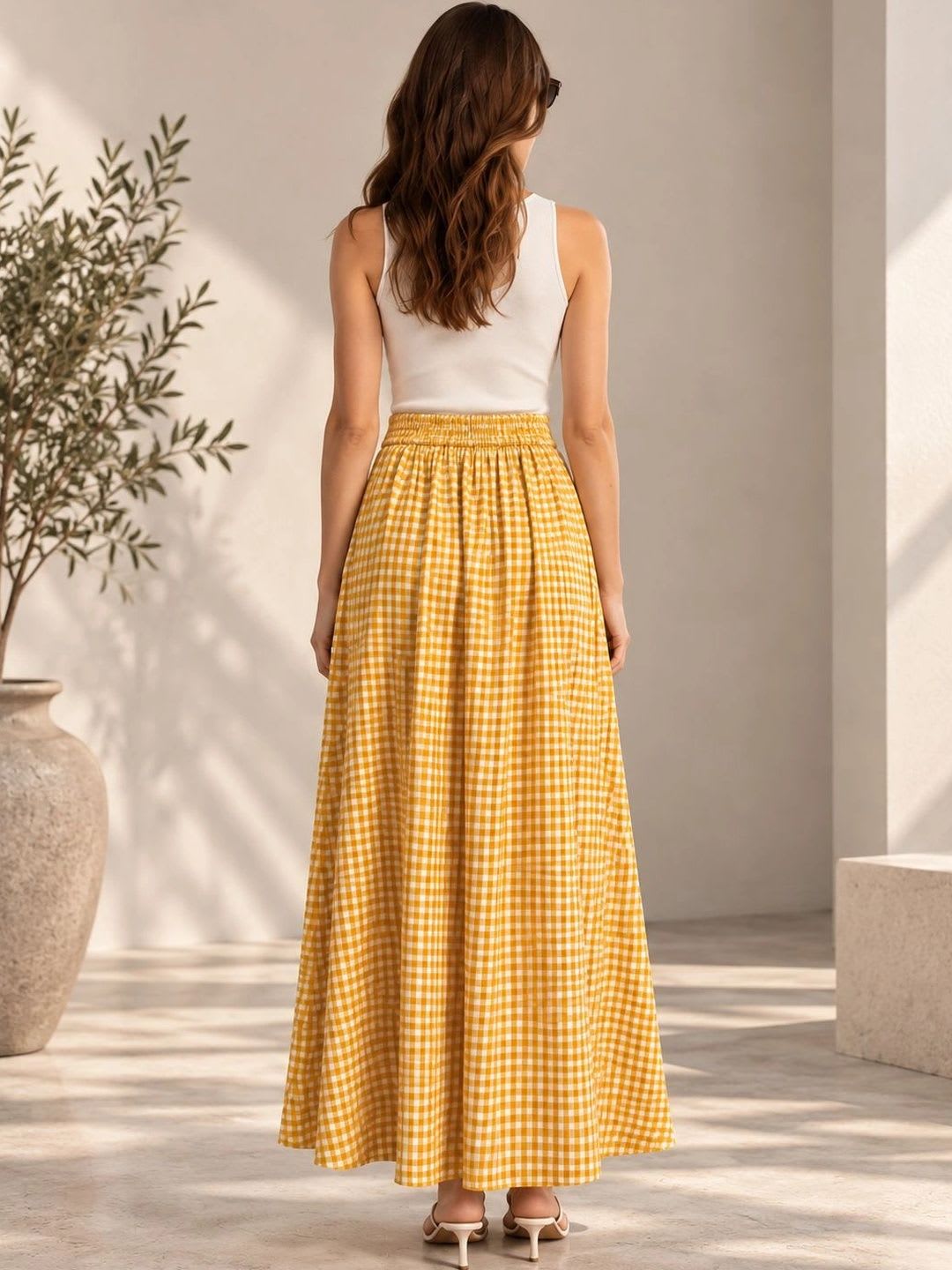 AASK Women Pure Cotton Blend Checked Summer Checks Maxi Flared Skirt - back view