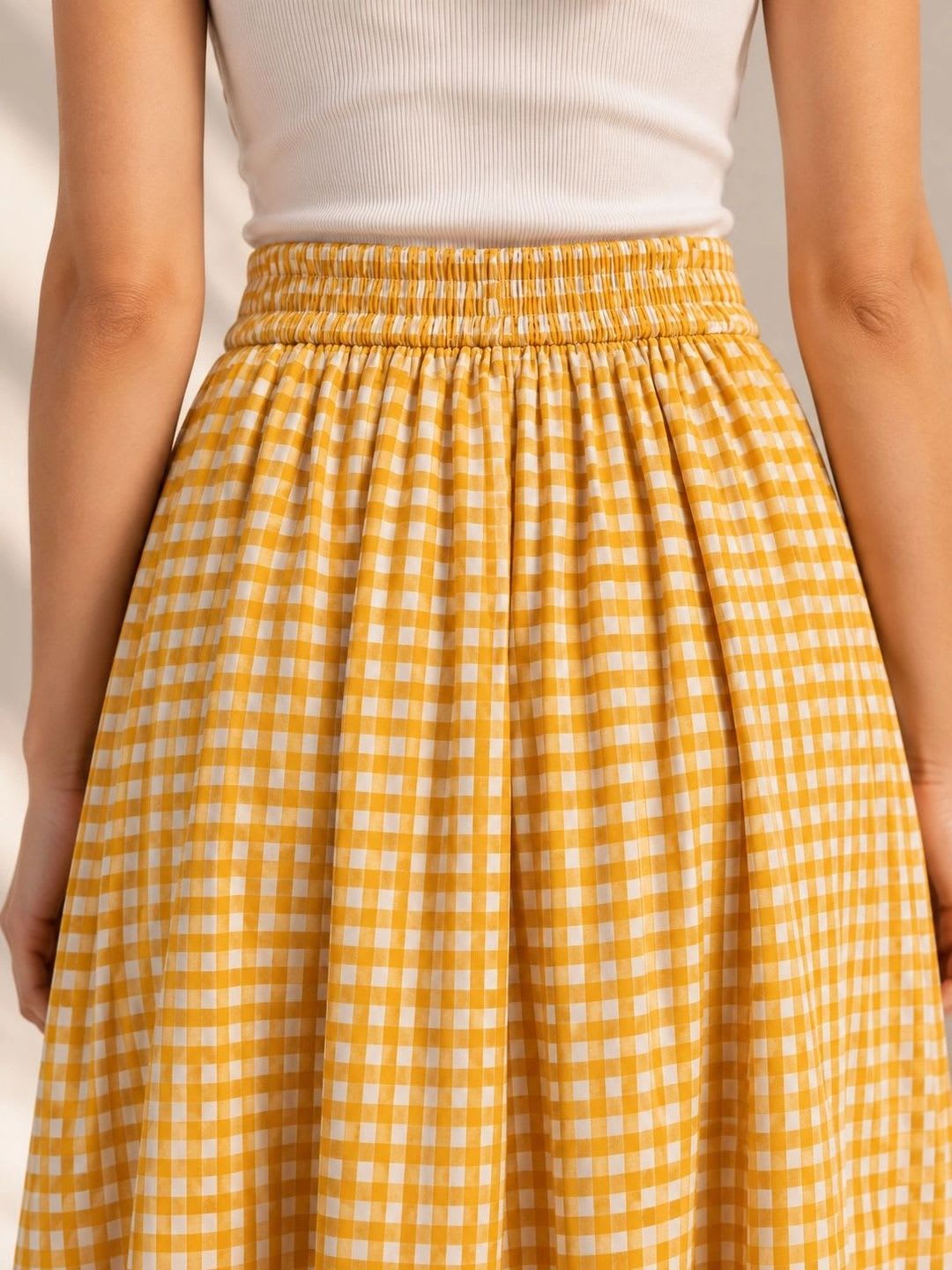 AASK Women Pure Cotton Blend Checked Summer Checks Maxi Flared Skirt - left view