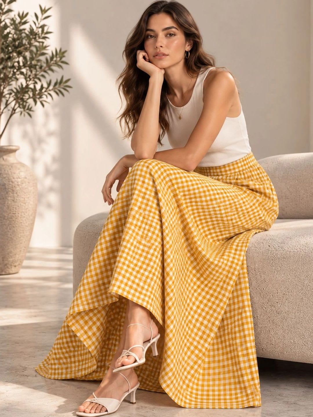 AASK Women Pure Cotton Blend Checked Summer Checks Maxi Flared Skirt - right view