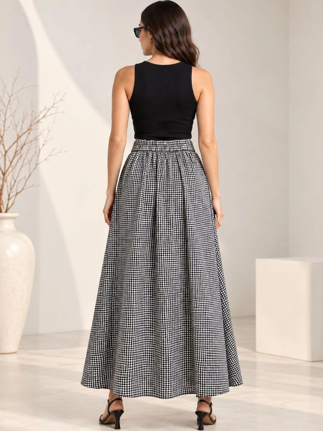 AASK Women Pure Cotton Blend Checked Summer Checks Maxi Flared Skirt - back view