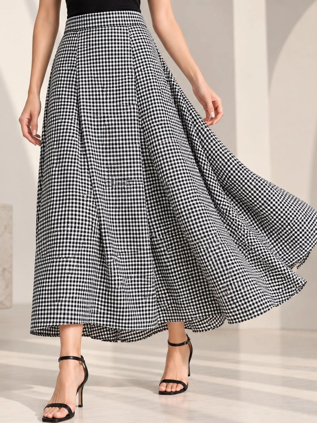AASK Women Pure Cotton Blend Checked Summer Checks Maxi Flared Skirt - right view