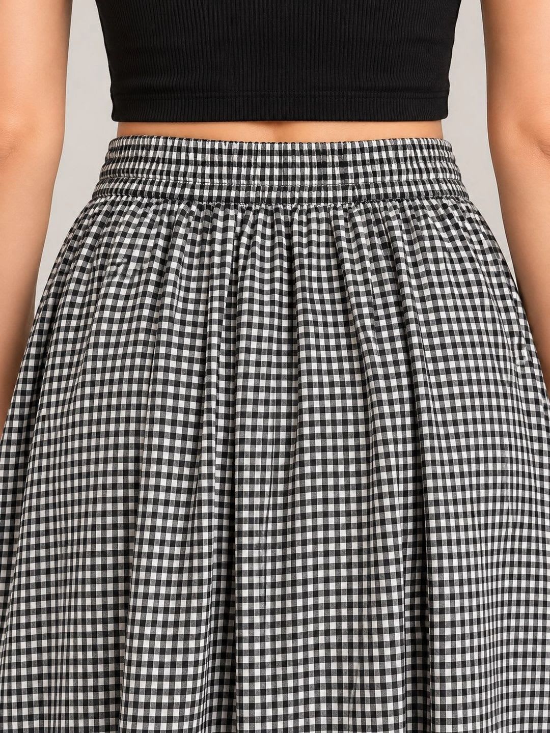 AASK Women Pure Cotton Blend Checked Summer Checks Maxi Flared Skirt - left view