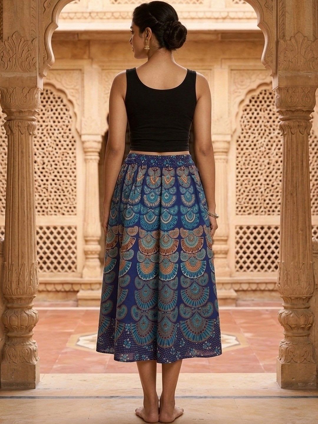 Exotic India Women Cotton Abstract Midi A-Line Skirt - back view